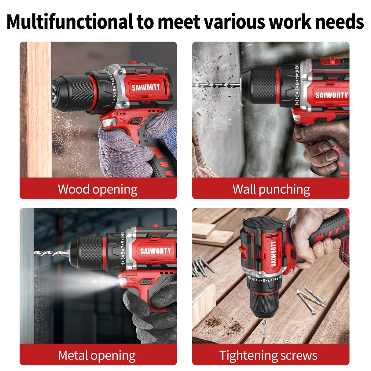 Saiworty 16V Cordless Drill Set, Electric Power Drill Set with Battery & Charger, Small Hand Drills,3/8" Keyless Chuck, 2 Variable Speed, Built-in Saiworty