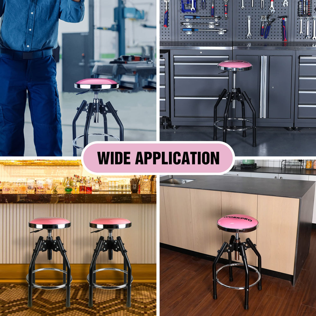WORKPRO Heavy Duty Adjustable Hydraulic Shop Stool,Garage Bar Stool, 29in to 33. 86in, 330-Pound Capacity, Pink WORKPRO