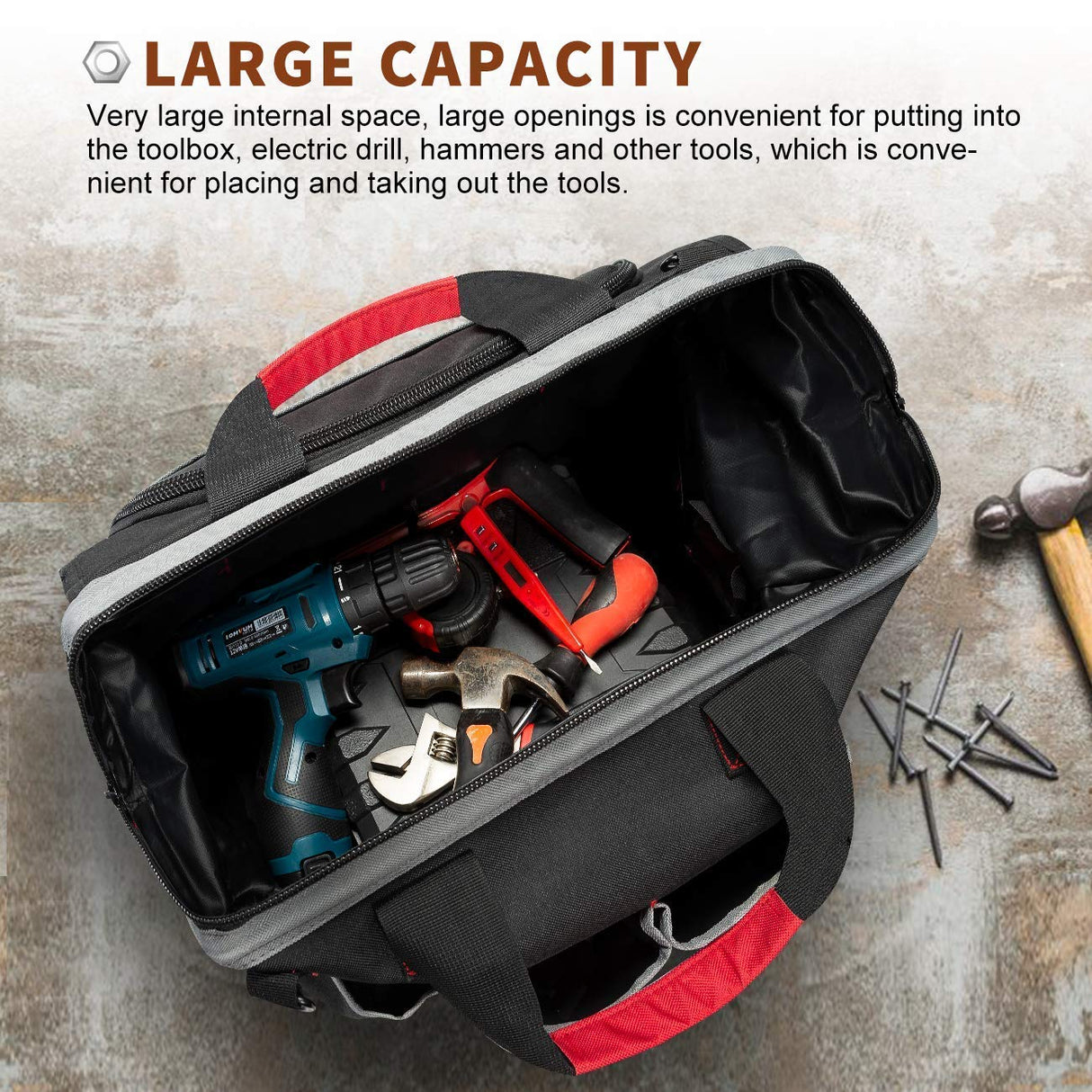 Pnochoo Waterproof Tool Bags for Men or Women, 16-inch Wide Mouth Tool Tote Bag with 25 Pockets for Tool Organizer & Storage, with Adjustable pnochoo