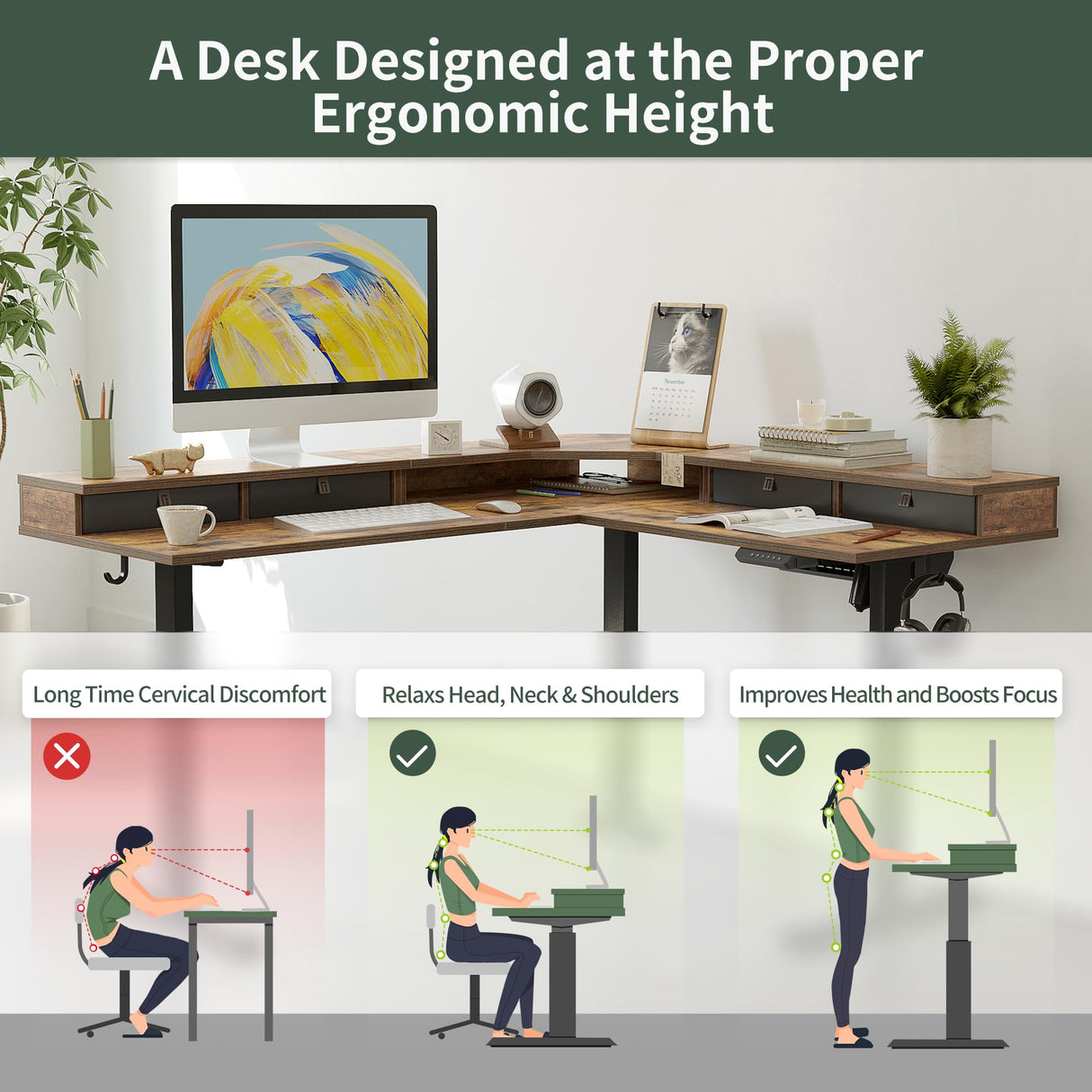 FEZIBO 63" L Shaped Standing Desk with 4 Drawers, Electric Standing Gaming Desk Adjustable Height, Corner Stand up Desk with Splice Board, Black FEZIBO