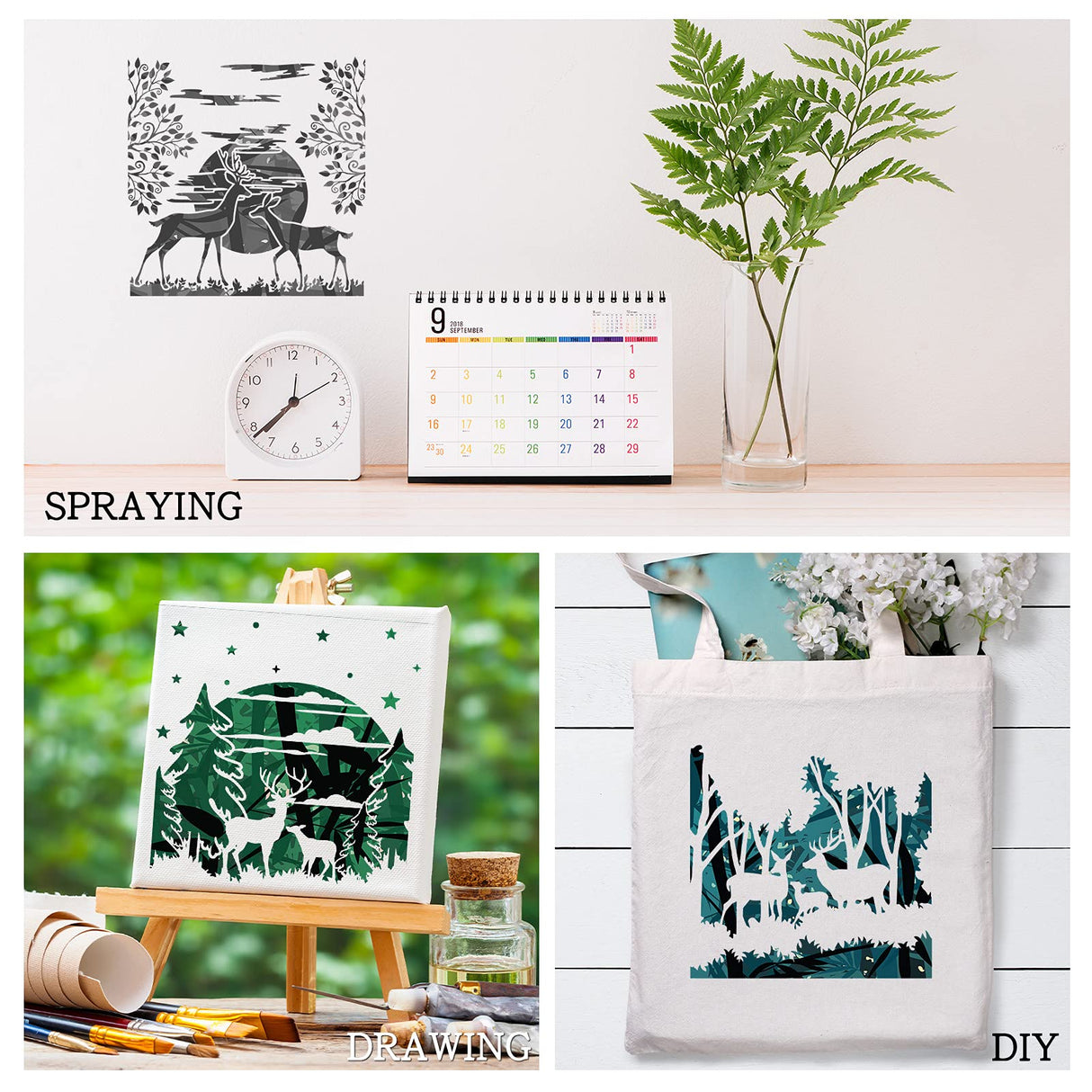 12 Pieces Deer Mountain Stencils for Painting on Wood DIY Animal Moon Tree Stencils Forest Painting Plastic Templates Forest Theme Stencils for Wall Zonon