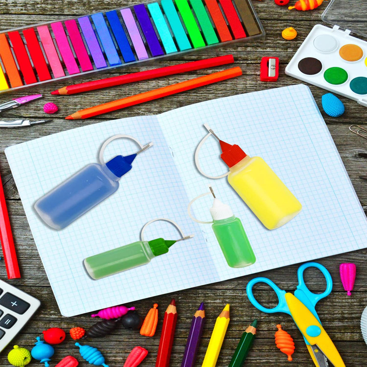 XYSMZM 12 Pcs 1 Ounce Precision Tip Applicator Bottles, 30ML Needle Tip Glue Bottles for DIY Paper Quilling Craft, with 2 Mini Funnel, 6 Color Lids XYSMZM