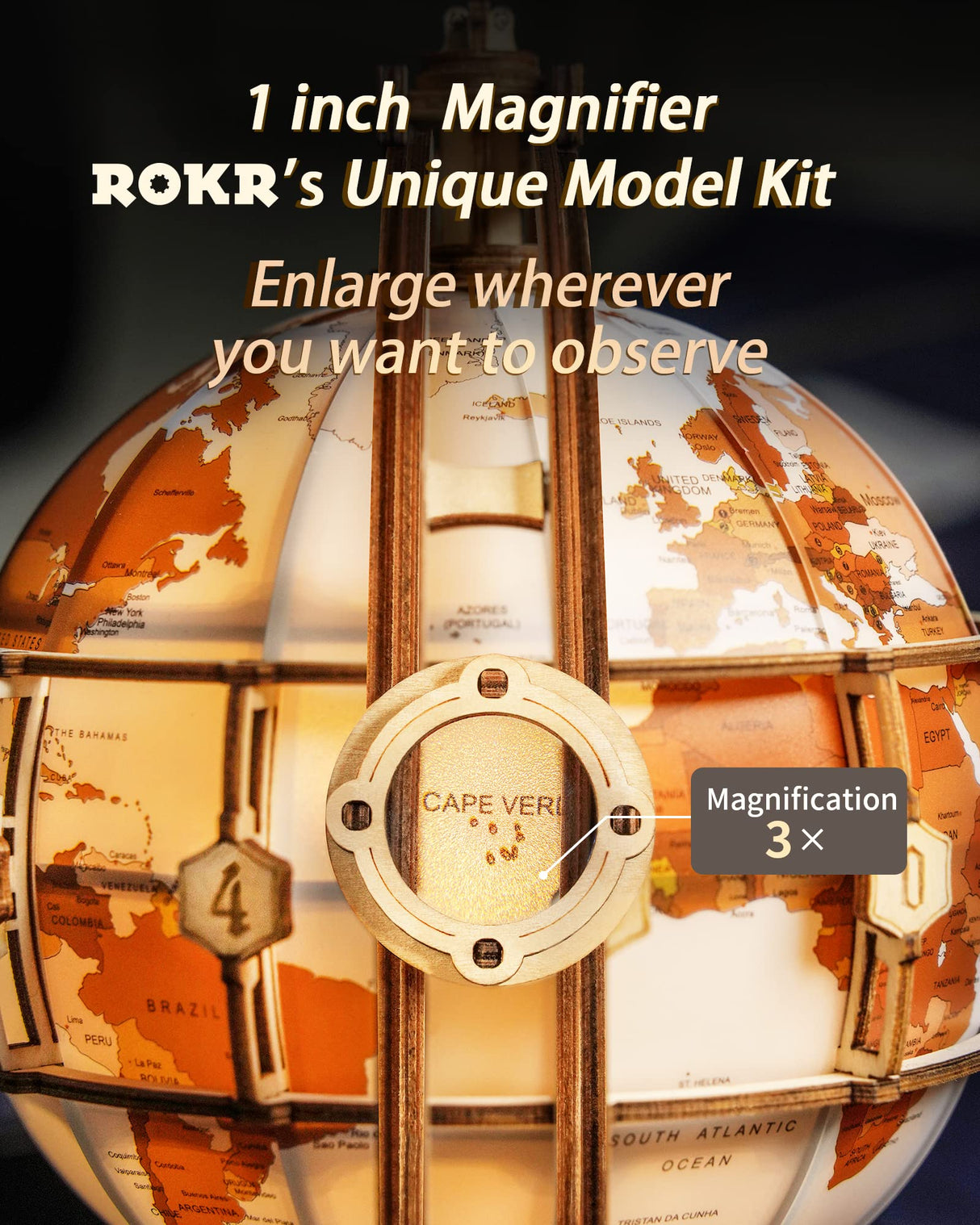 ROKR LED Illuminated 3D Wooden Globe Puzzle - Model Building Kit for Adults and Teens ROKR