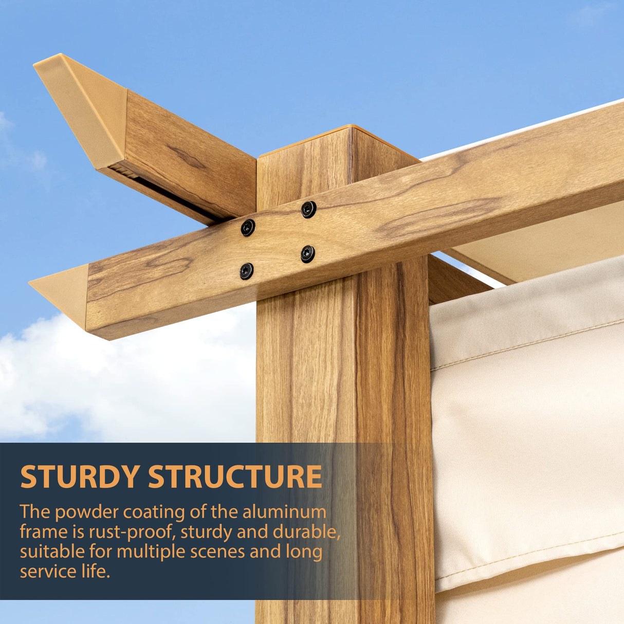 HAPPATIO 10' X 10' Wood-Grain Aluminum Pergola - Adjustable Sun Shade Canopy with Retractable Roof for Backyard, Deck, Patio, by The Pool (Beige) HAPPATIO