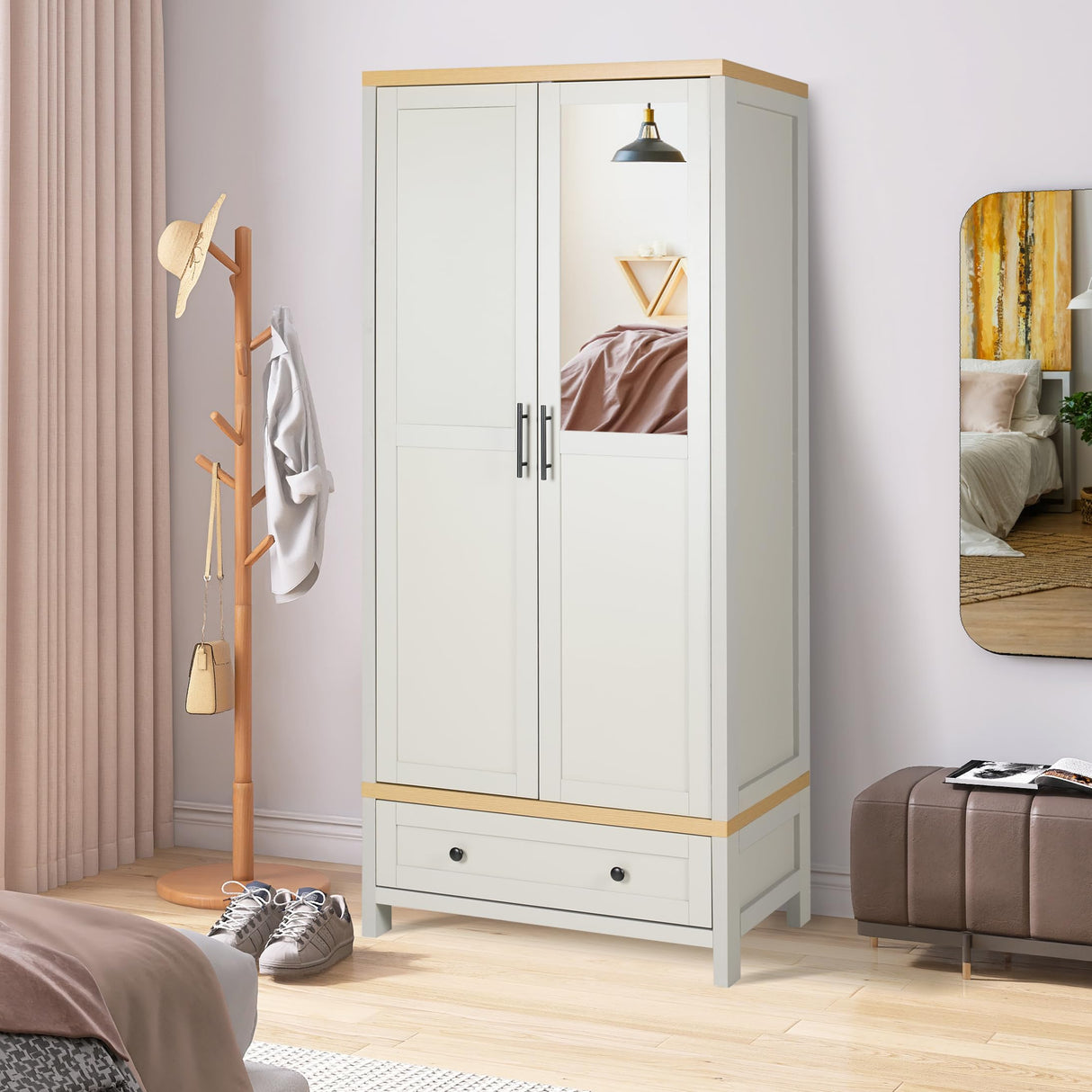 YIGOBUY Armoire Wardrobe Closet for Bedroom, 2 Doors Storage Cabinet with Drawer, Mirror, Shelves, Hanging, Tall Wood Standing Clothes Organizer YIGOBUY