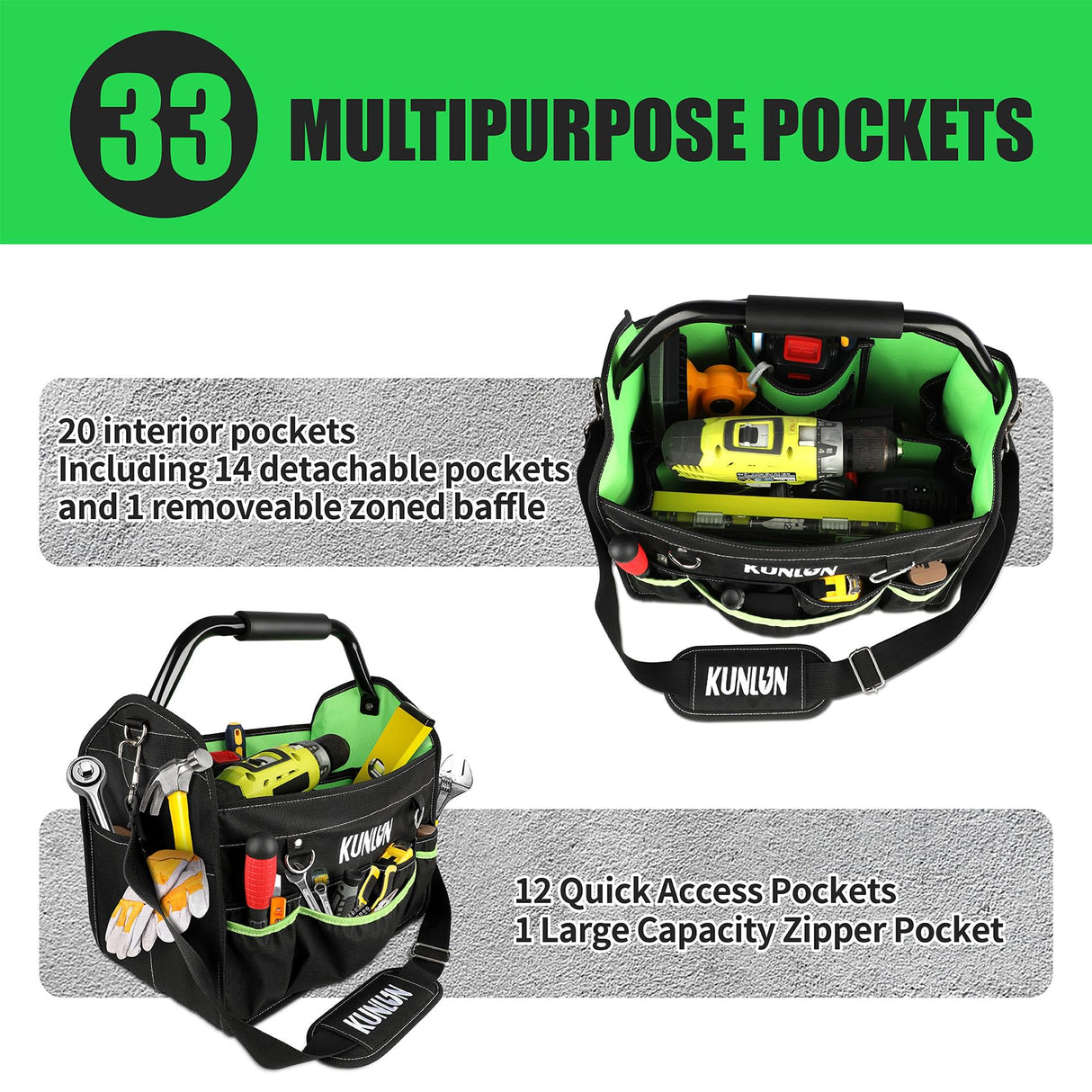 KUNLUN 17-Inch Open Top Tool Bag, Electrician Tool Bag, Tool Tote Bag Organizer for Easy Tool Access, 33 Pockets Foldable Tool Carrier with Rotating KUNLUN