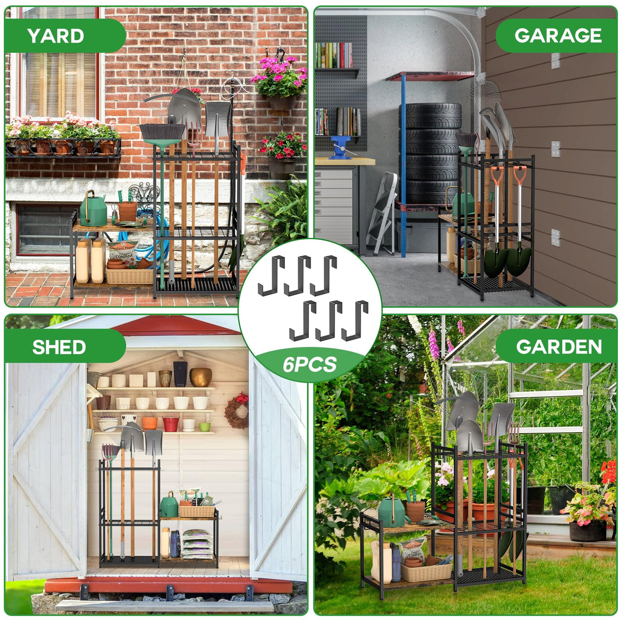 DAOUTIME Garage Tool Organizer with 2-tier Wooden Shelves, Yard Tool Organizer for Garage with 6 Hooks, Heavy duty Steel Garden Tool Rack Holds up to DAOUTIME