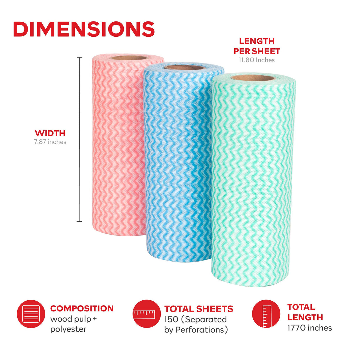 XFasten Disposable Kitchen Towels, 11.8 inches x 7.87 inches, Set of 3 (Red, Green, Blue 150 Total Sheets) Washable and Reusable Cleaning Cloths | XFasten