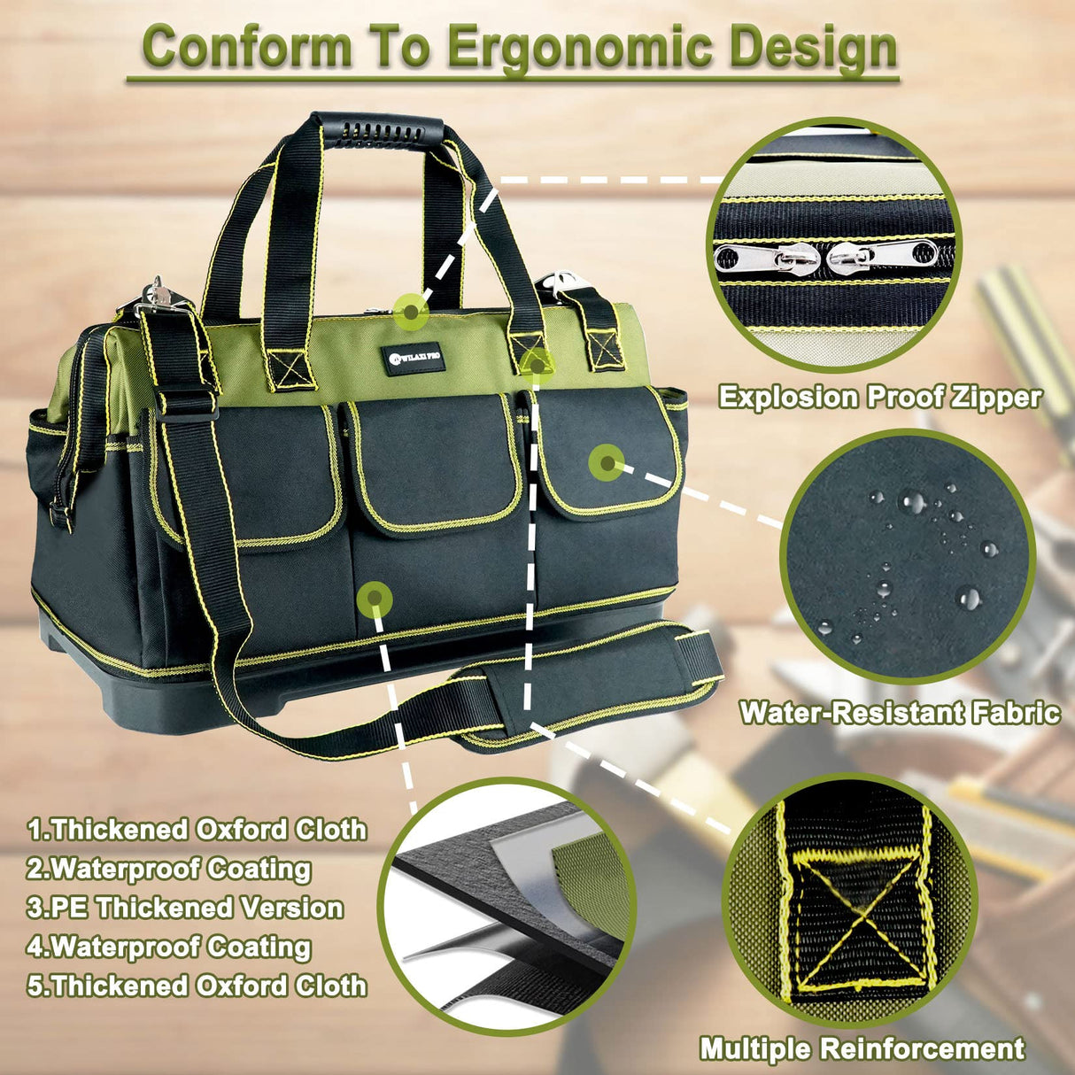 WILAXI PRO 17in Tool Bag For Men Heavy Duty with Waterproof Molded Base, High Capacity Wide Mouth Tote, Construction Worker Electricians Tool Bags, WILAXI PRO