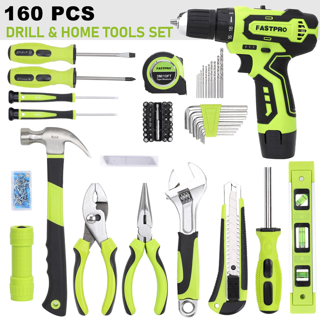 FASTPRO 160-Piece Home Tool kit with Drill, 12V Cordless Lithium-ion Drill Driver and Household Repairing Tool Set with Storage Case, For DIY, Home FASTPRO