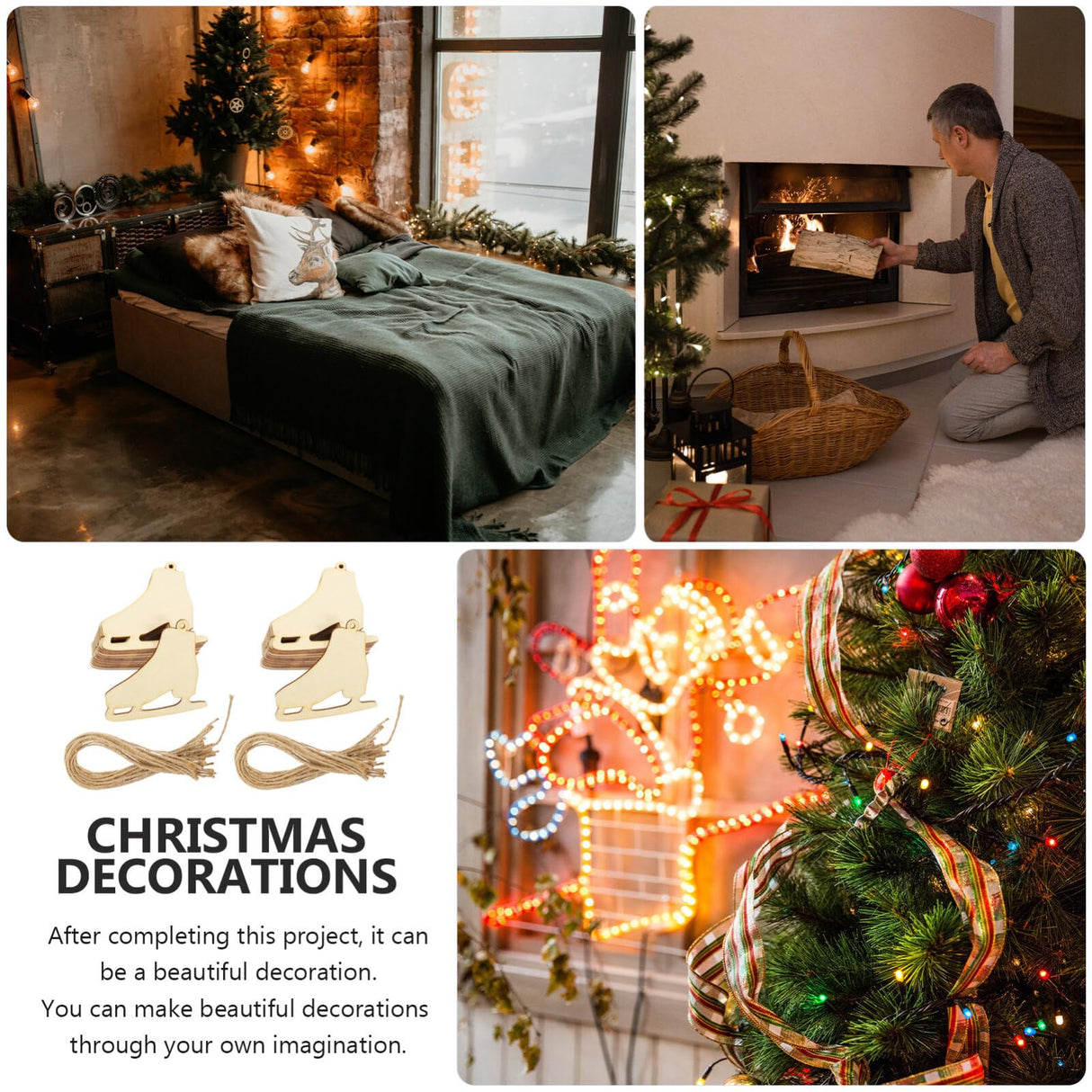 Hockey Skates Ornament Wooden Ice Skating Ornament 40 Sets Unfinished Wood Slices Wood Graffiti Pendants Hanging Ornaments for Christmas Tree SEWACC