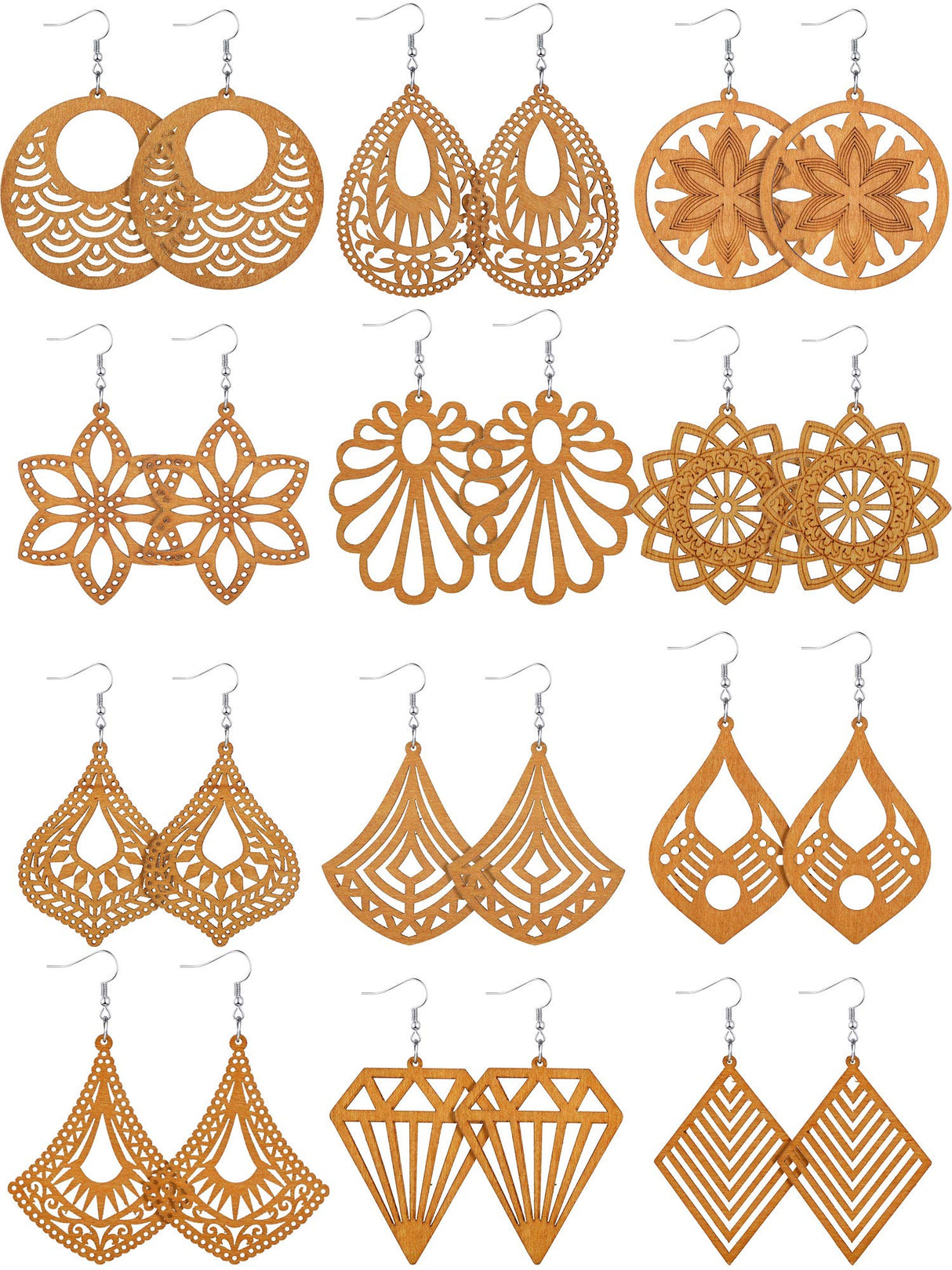 12 Pairs African Wooden Drop Earrings Bohemian Pendant Dangle Earrings Lightweight Ethnic Style Wood Earrings for Women (Chic Styles) Hicarer