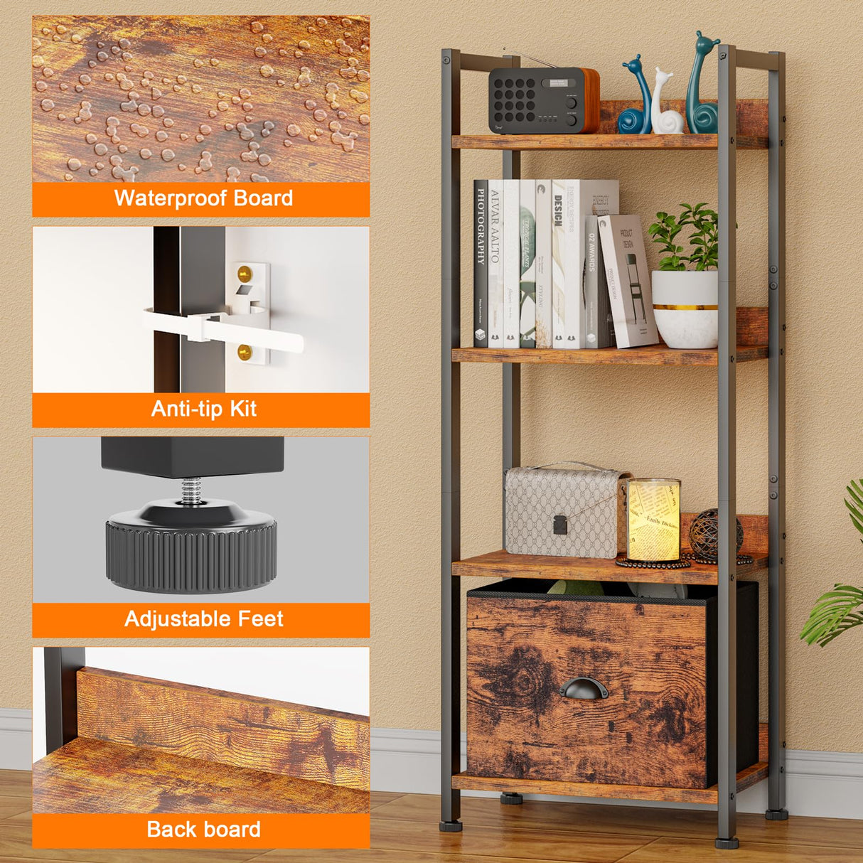 Furologee Rustic 4 Tier Industrial Bookshelf with Removable Drawer Furologee