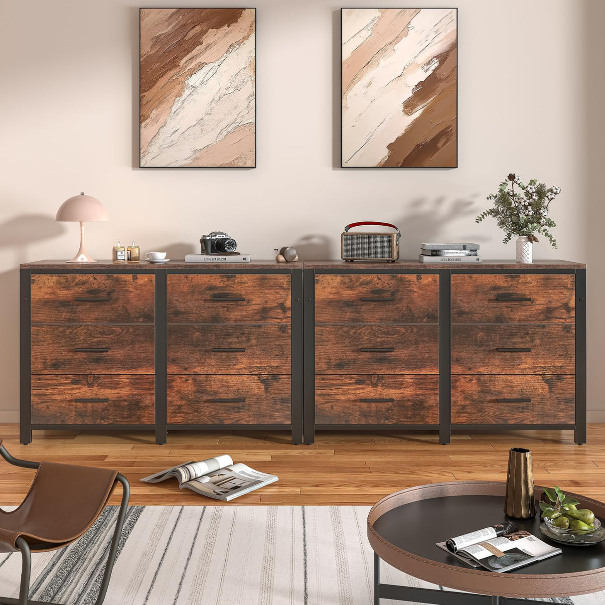 Frmobepts 6 Drawer Dresser, Wooden Dresser for Bedroom, 47" Metal Frame, Black Dresser, Natural Wooden Dresser Furniture, Storage Cabinet for Dining Frmobepts