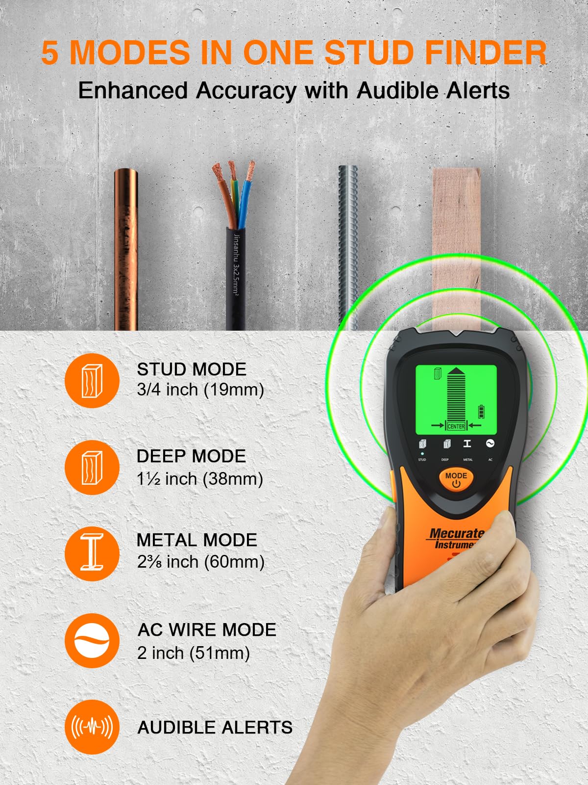 Mecurate Stud Finder Wall Scanner Sensor - 5 in 1 Electronic Stud with LCD Display & Audio Alarm for Wood AC Live Wire Metal Studs Detection Joist