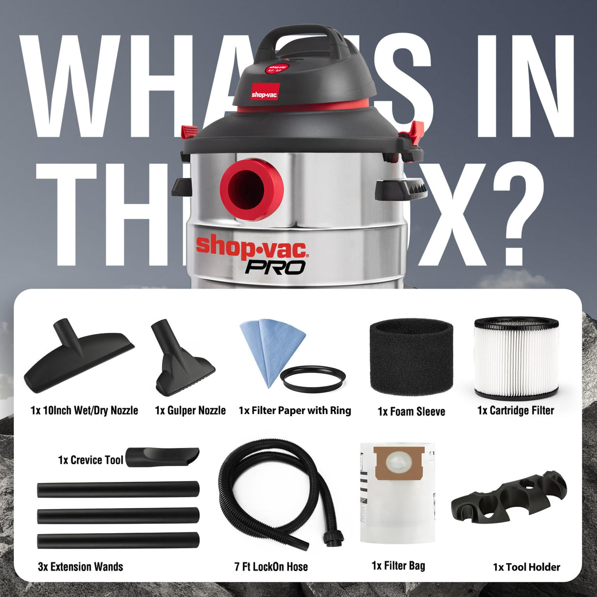 Shop-Vac 8 Gallon 6.0 Peak HP Wet/Dry Vacuum, Stainless Steel Tank, Portable Shop Vacuum with Multifunctional Attachments for Jobsite, Garage & Shop-Vac