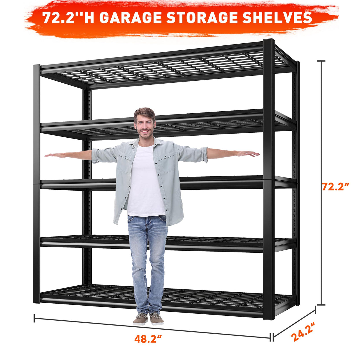 REIBII 48.2''W Garage Shelving 3000LBS Heavy Duty Storage Shelves 72''H Adjustable 5 Tier Metal Shelving for Garage Storage Rack Industrial Shelves REIBII