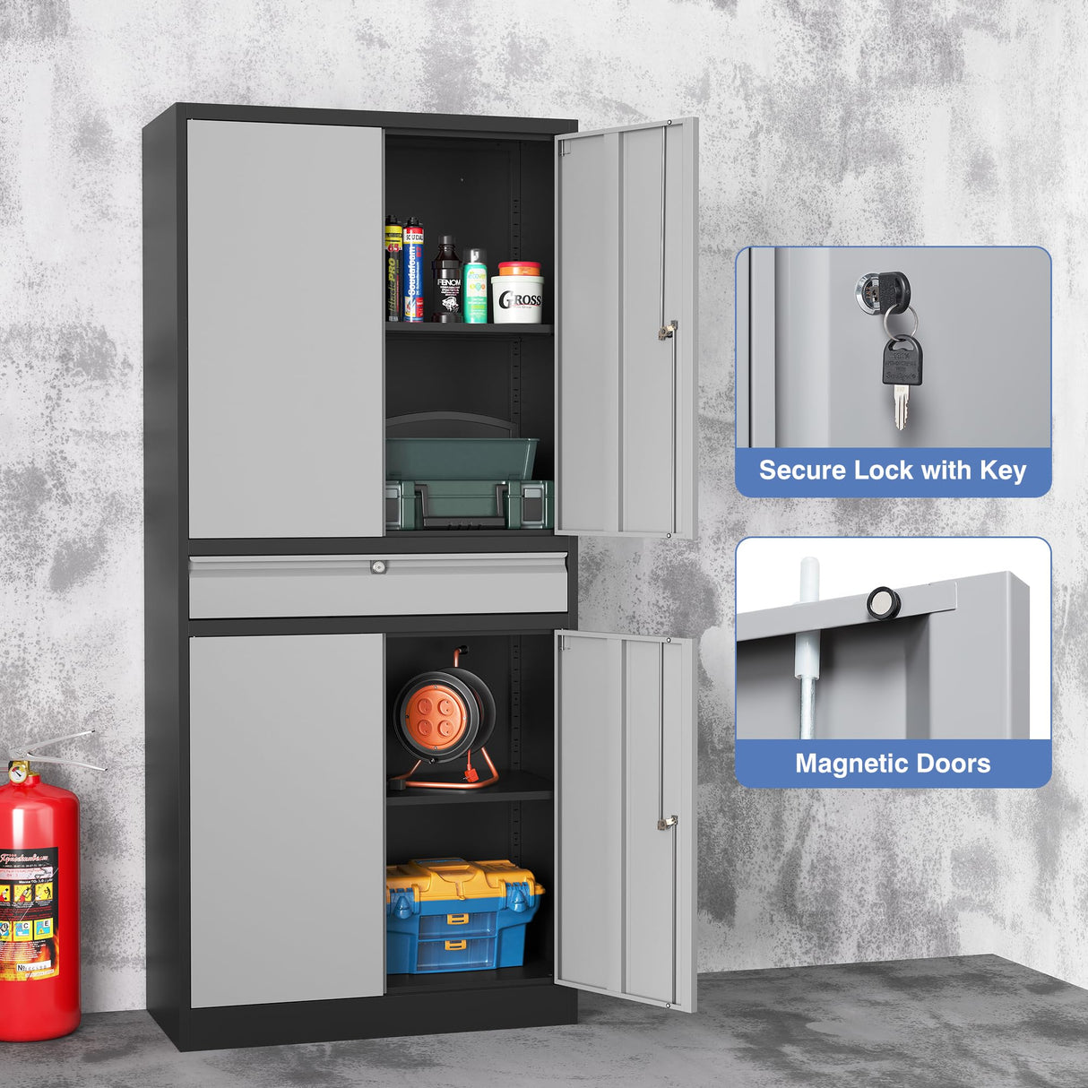 LISSIMO Metal Garage Storage Cabinet with Drawer, 71" Garage Storage Cabinet with Adjustable Shelves and 4 Doors, Lockable Lateral File Cabinet for LISSIMO