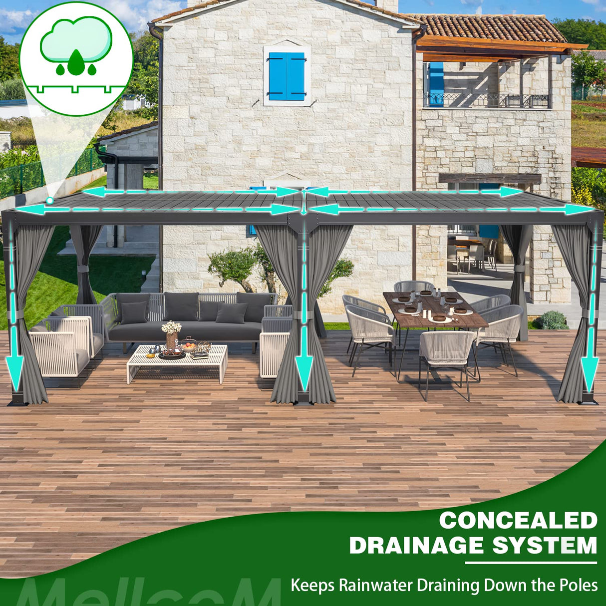 MELLCOM Louvered Pergola 12x20, Aluminum Pergola with Adjustable Louvered Roof, Outdoor Pergola with Waterproof Curtains and Nets, Gray MELLCOM