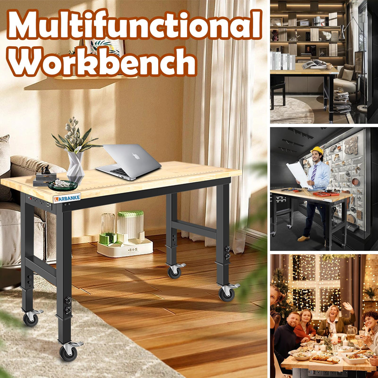 LARBANKE Adjustable 48" Workbench,Multiple Height Adjustments Workstation,Workbench with Scale,Power Plate and Wheels,for Home,Garage,Office,Holds up LARBANKE