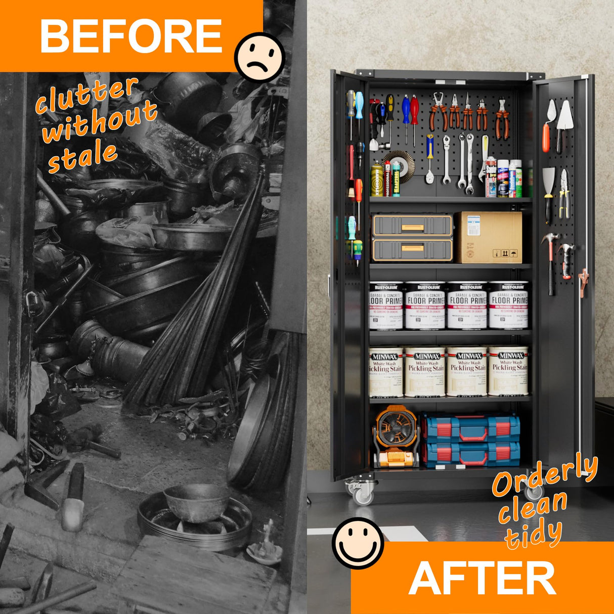 Aobabo 72 Inch Locking Metal Garage Storage Cabinet with Universal Rubber Wheels with Lockable Casters, Pegboards, and Magnetic Doors, Black Aobabo