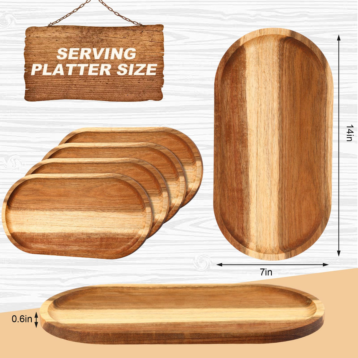Yaomiao 4 Pcs Acacia Wooden Serving Tray Oval Shaped Rustic Wood Plates Large Decorative Natural Wooden Tray Wooden Serving Platter for Food Yaomiao