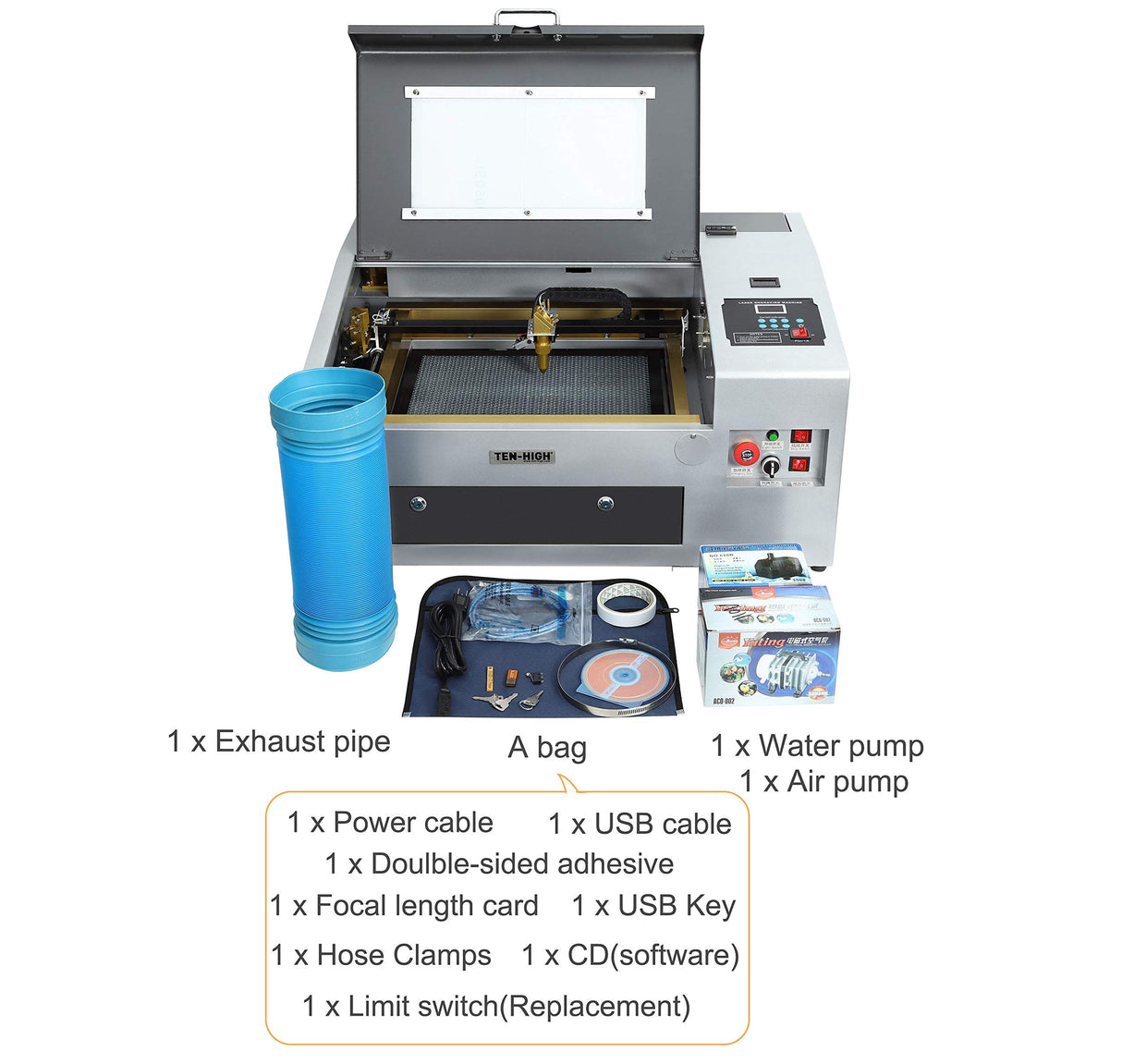 TEN-HIGH CO2 Engraving Machine 40W 300x400mm Laser Engraving Machine with Exhaust Fan USB Port, Standard Version Grey TEN-HIGH