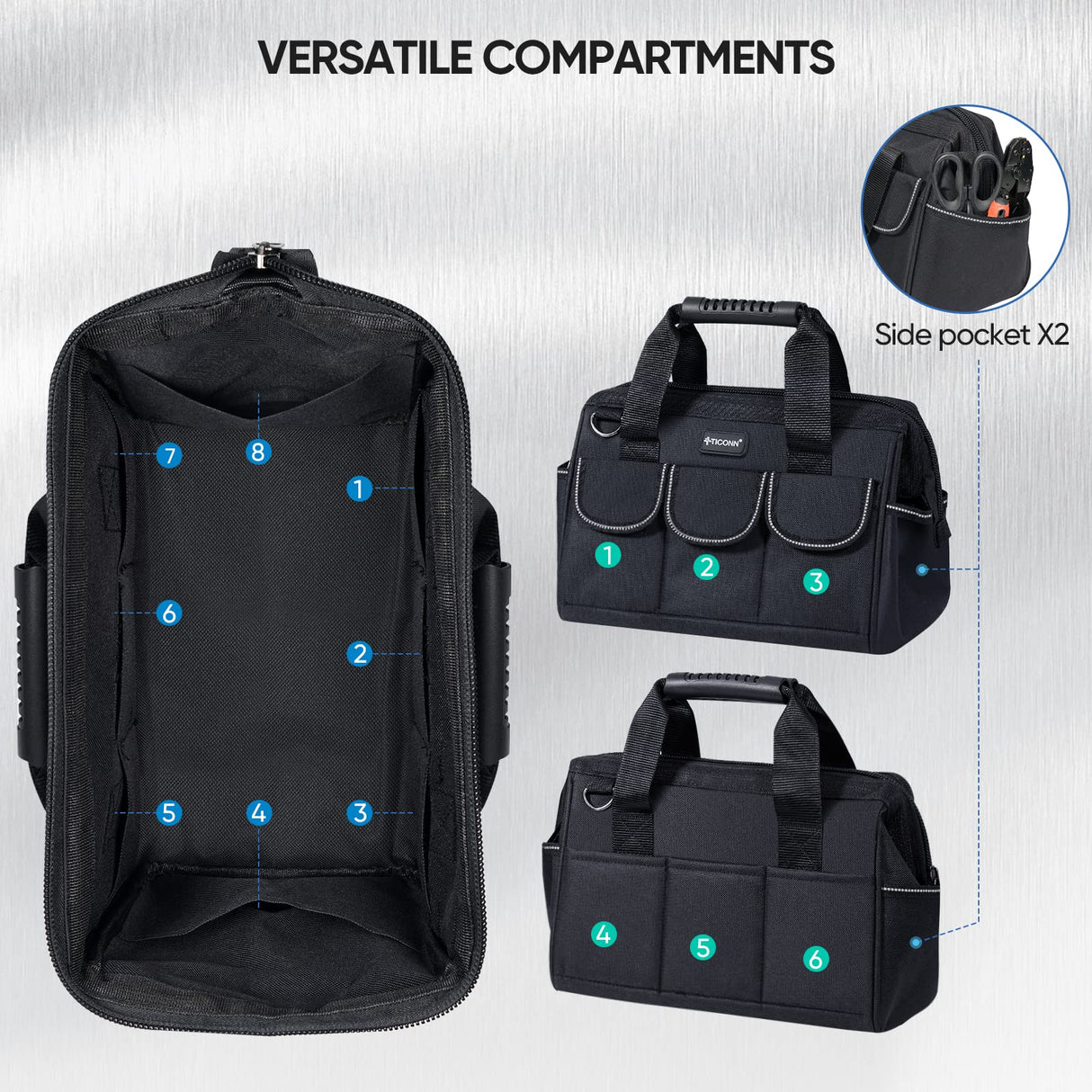 TICONN 12in Tool Bag with Waterproof Soft Bottom, Multi-Pockets Wide Mouth Tool Tote with Safety Reflective Straps, Adjustable Shoulder Strap TICONN