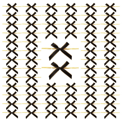 WANDIC Black Small Bows, 200Pcs Satin Twist Tie Bows with Golden Lace Christmas Halloween Mini Bow Pretied Bows for Gift Package Craft Candy Cookie