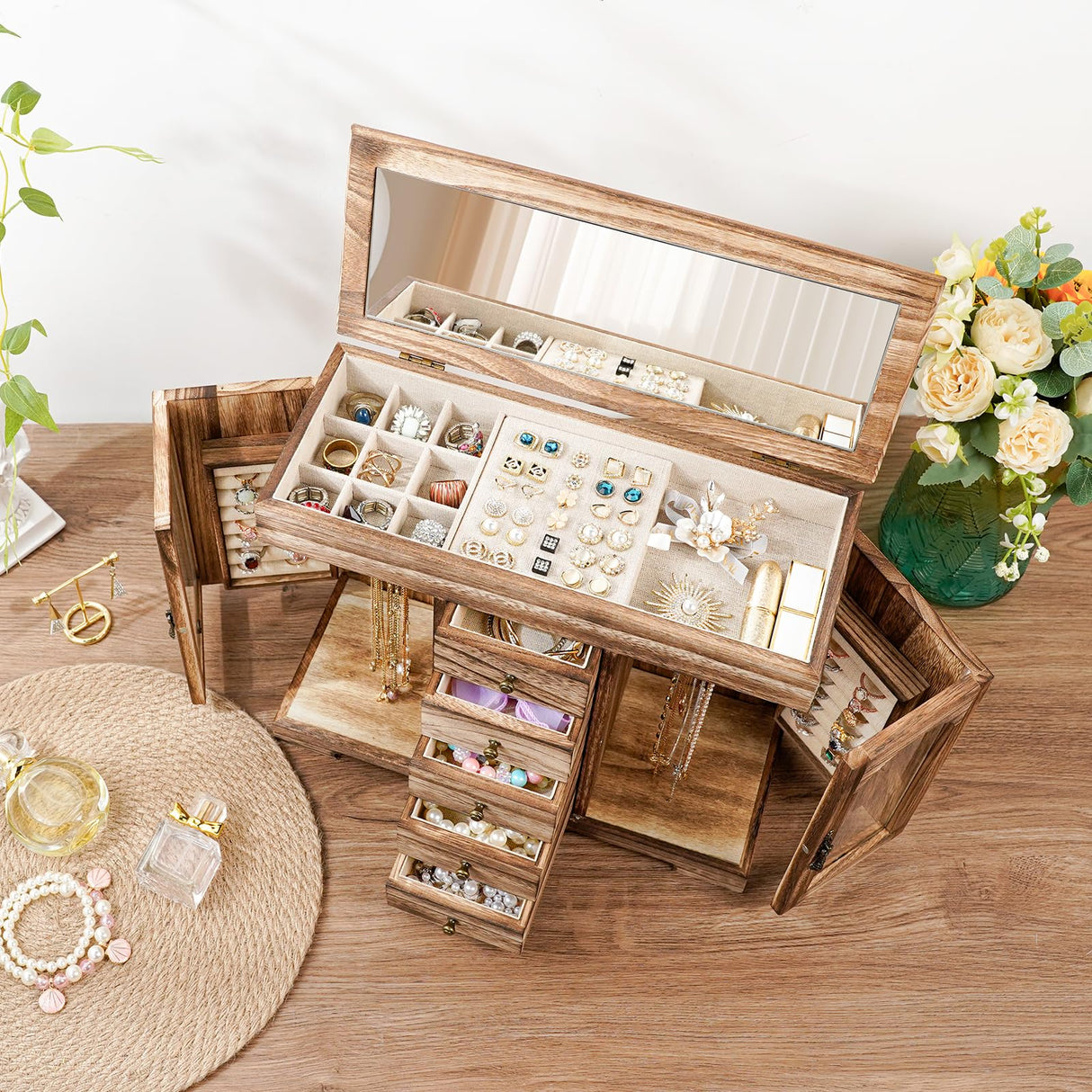 Miratino Jewelry Box for Women Girls, Rustic Wooden Jewelry Organizer Box with Mirror, 5 Layer Jewelry Storage Case Display for Necklaces Earrings Miratino