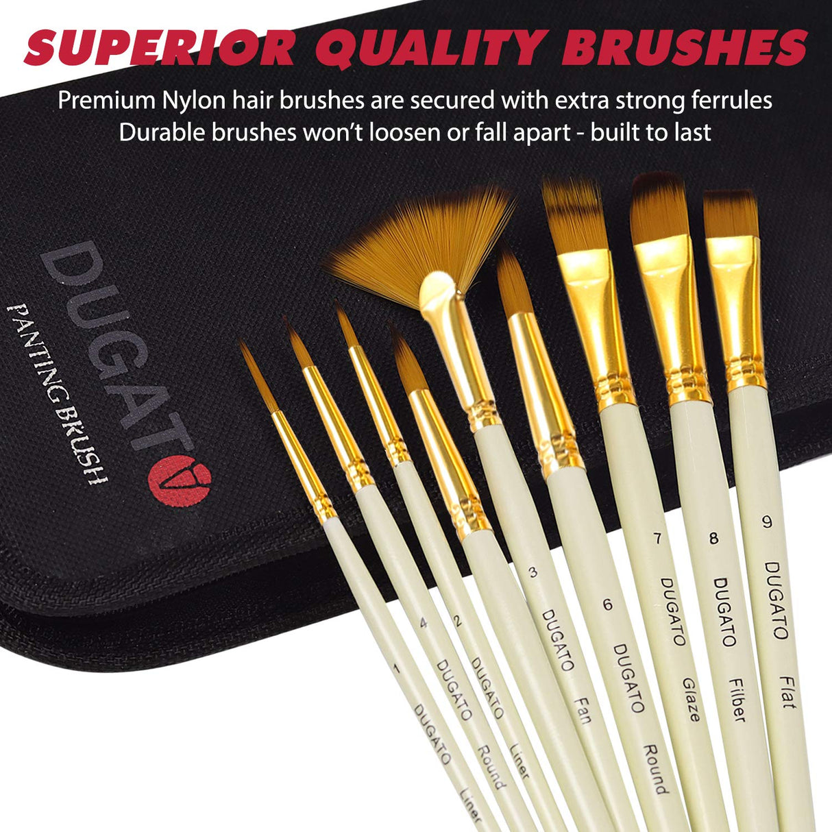 DUGATO Artist Paint Brush Set 15pcs Includes Pop-up Carrying Case with Painting Knife and 2 Sponges for Acrylic, Oil, Watercolor, Art, Scale Model, DUGATO