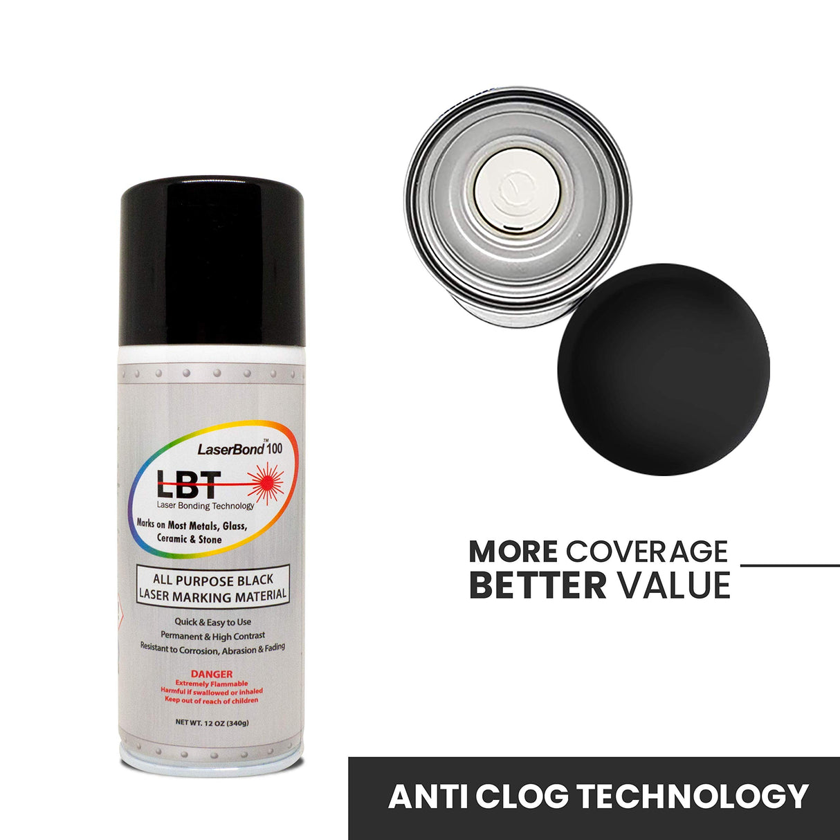 LaserBond Aerosol Black Laser Marking Spray 100 (12 oz), Works with All Laser Engravers, Printers | CO2, Fiber & YAG Laser | LBT 100 Permanently LaserBond