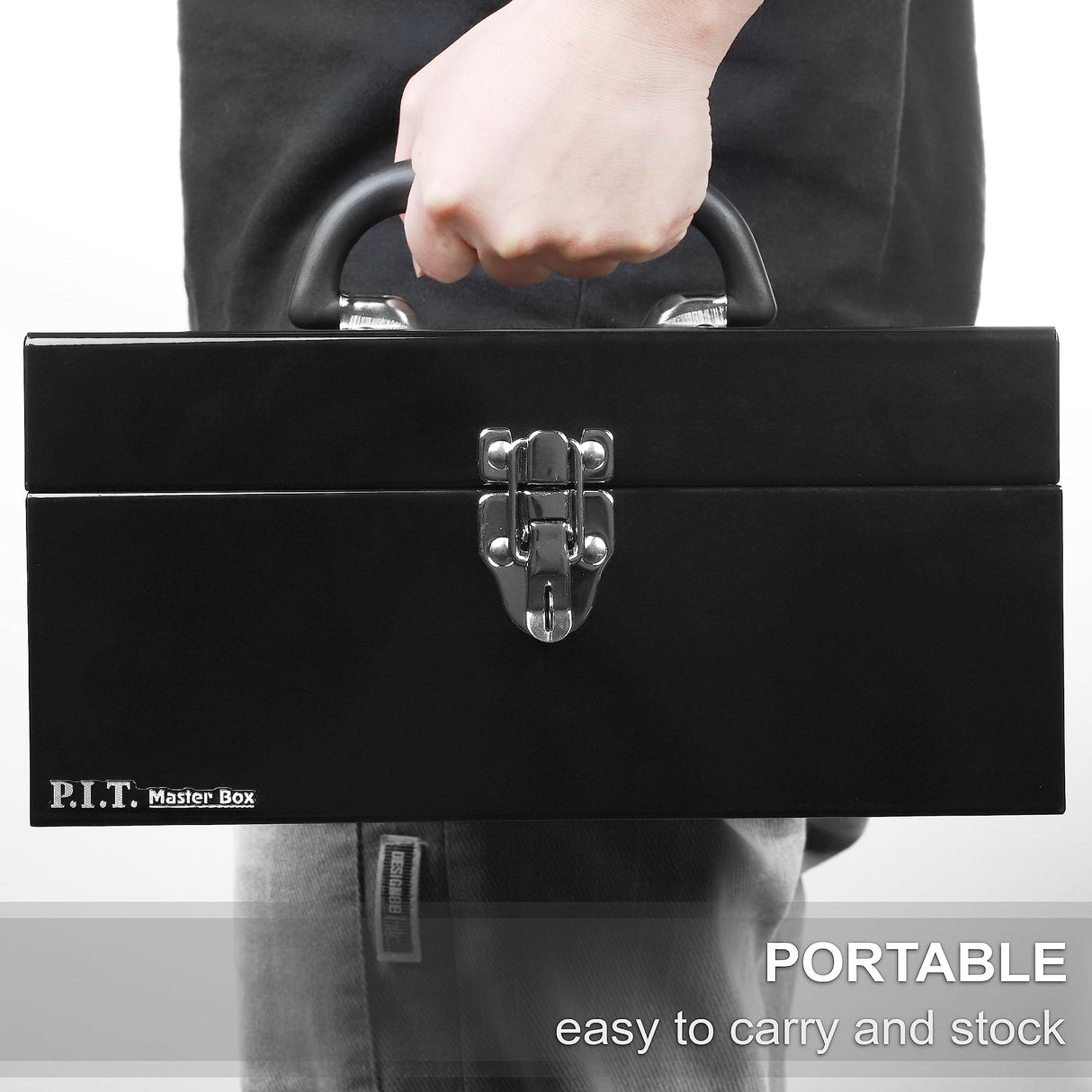P.I.T. Portable 12” Heavy Duty Steel Tool Box with Metal Latch, Black Hand Carry Tool Cases for Tools Storage P.I.T.