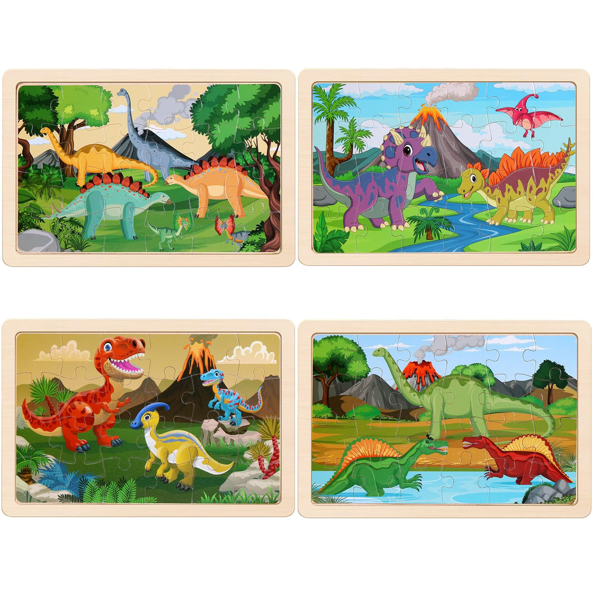 Wooden Puzzles Dinosaur Toys for Kids Ages 3-5, Set of 4 Packs with 24-Piece Wood Jigsaw Puzzles, Preschool Educational Brain Teaser Boards for Boys NASHRIO