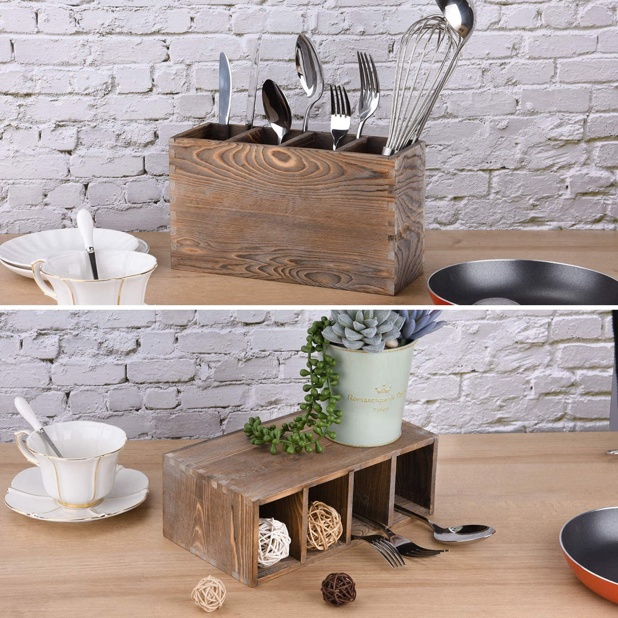 WuGeShop Rustic Utensil Caddy, 4 Adjustable Compartments Wooden Silverware Caddy, Upgraded Version kitchen Utensil Holders for Countertop WuGeShop