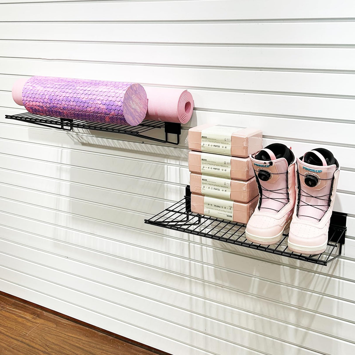 ATOOLA Slatwall Shelves 24 Inch, Heavy Duty Slatwall Accessories, Slat Wall Wire Shelf, Gargage Storage Slatboard Shelves (2 Pack) ATOOLA