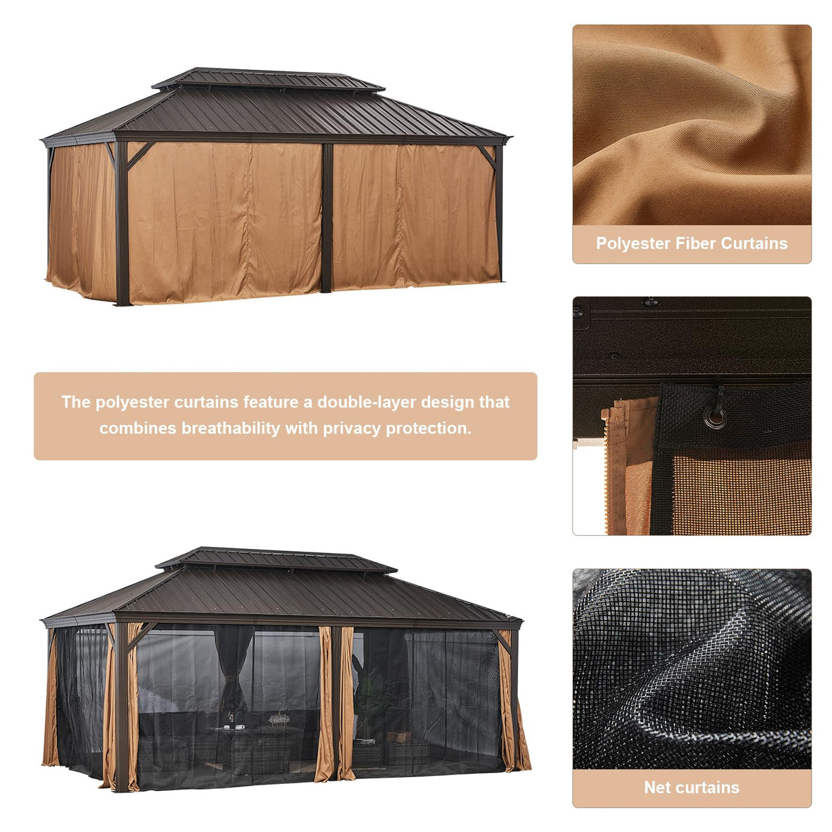 Aoxun 12' X 20' Permanent Hardtop Gazebo Aluminum Gazebo with Galvanized Steel Double Roof for Patio Lawn and Garden, Curtains and Netting Included, Aoxun