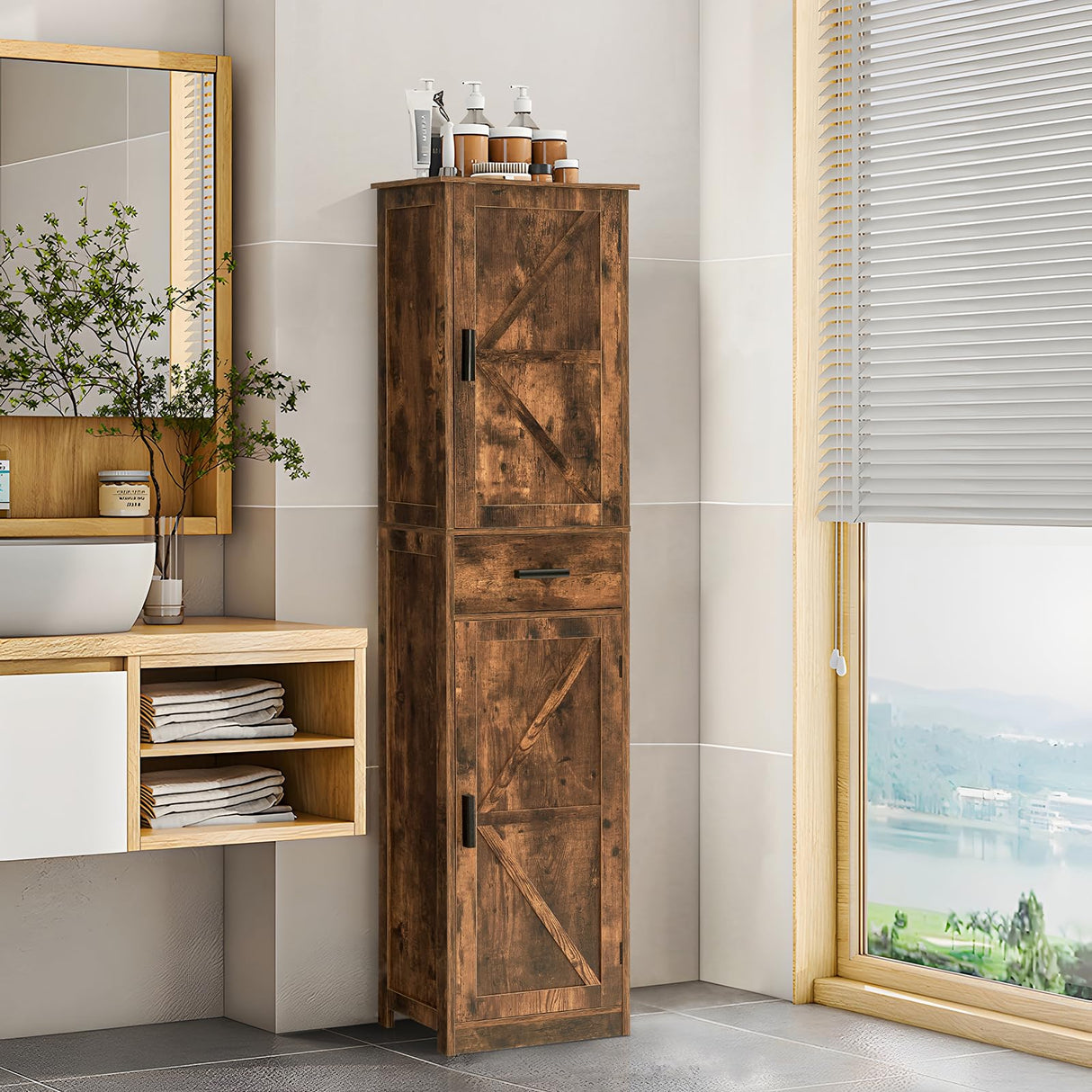 WEENFON Tall Bathroom Cabinet with 6 Shelves, Narrow Cabinet with 2 Doors & 1 Drawer, Freestanding Storage Cabinet, for Bathroom, Living Room, WEENFON