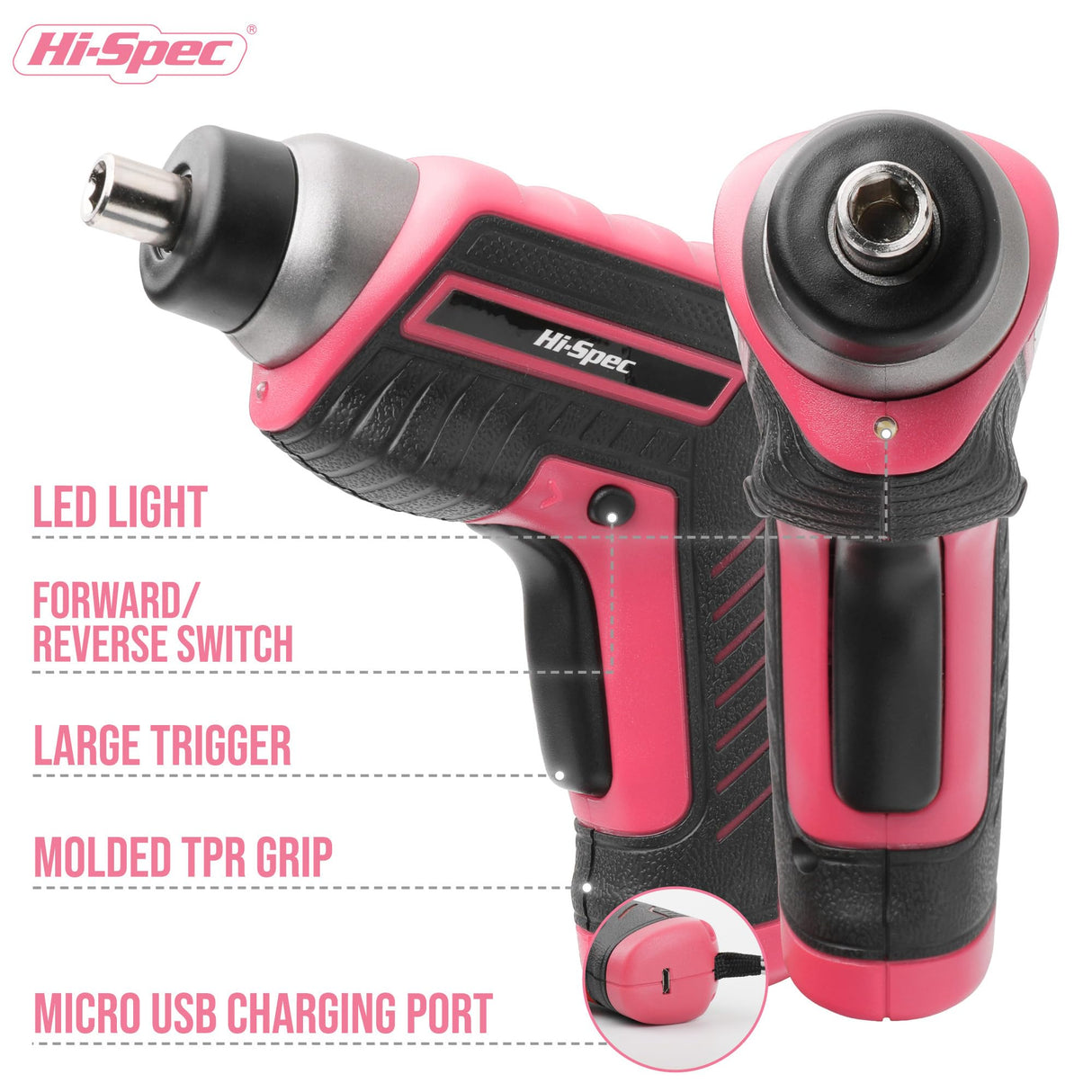 Hi-Spec 35pc Pink tool kit with 3.6V USB Electric Screwdriver and drill set. Complete women tool set Hi-Spec