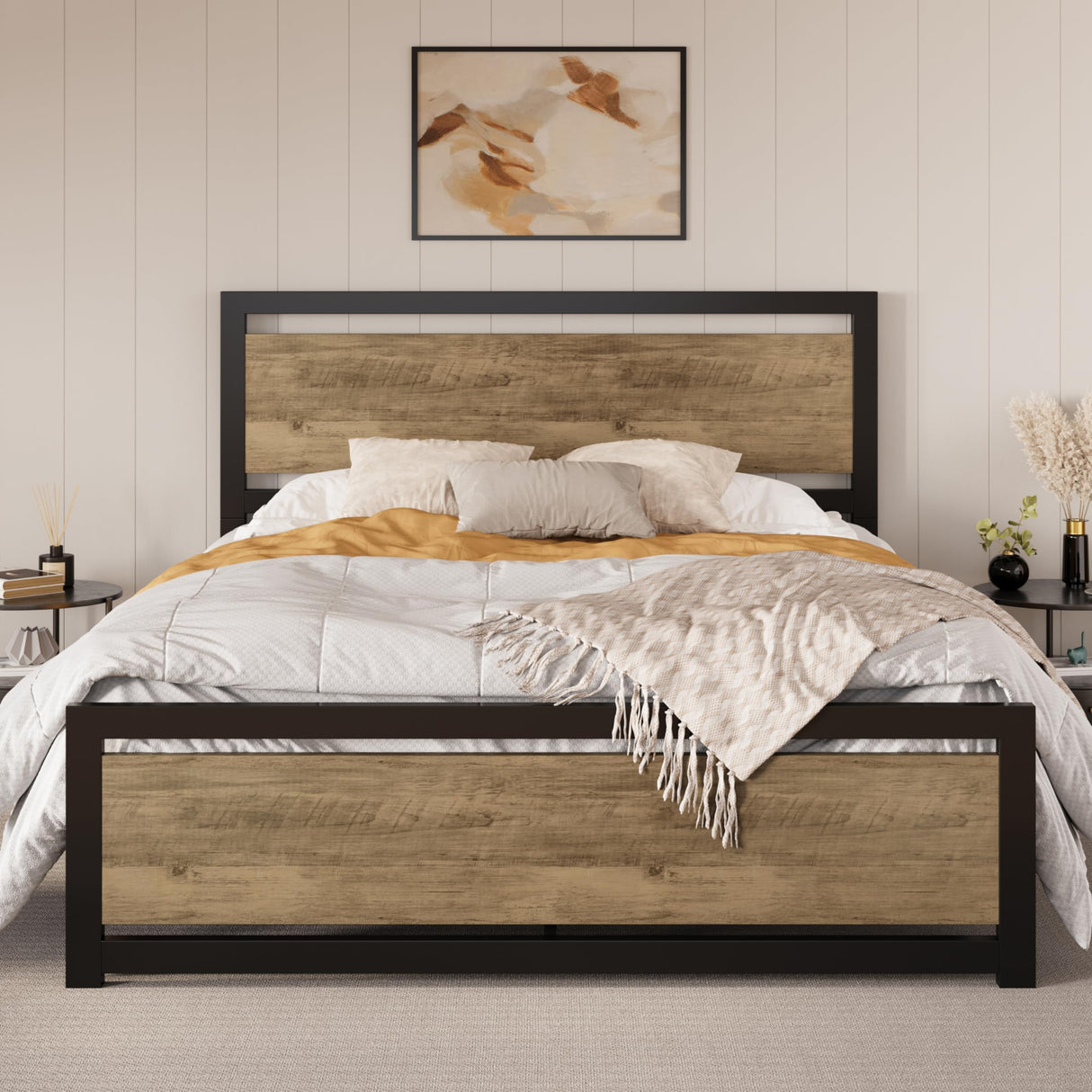SHA CERLIN Queen Size Metal Platform Bed Frame with Wooden Headboard and Heavy Duty Support SHA CERLIN