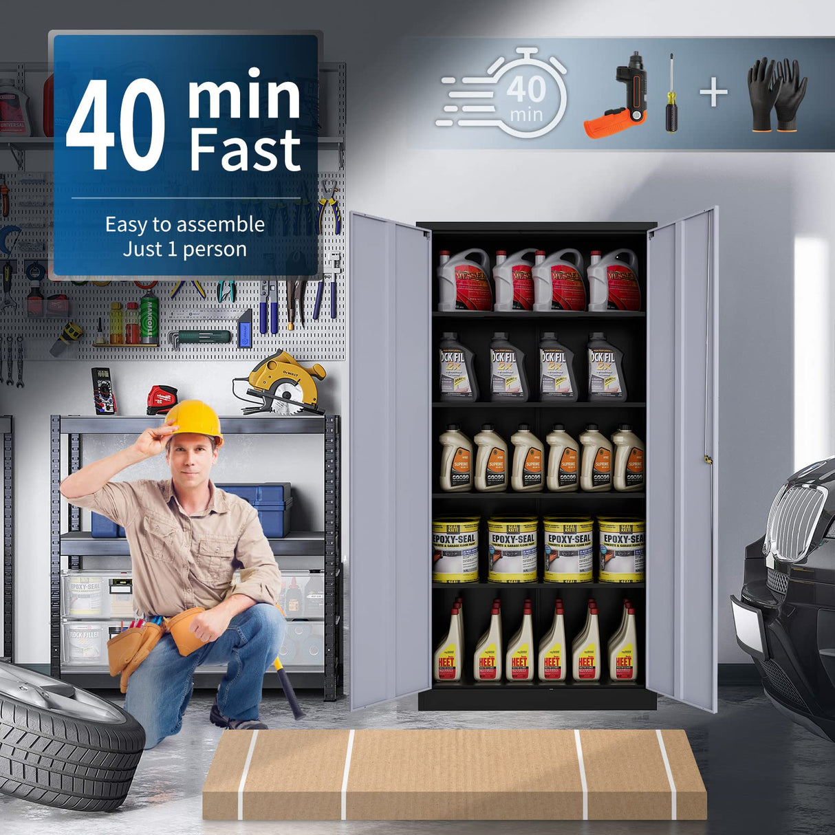 Yizosh Metal Garage Storage Cabinet with 2 Doors and 5 Adjustable Shelves - 71" Steel Lockable File Cabinet,Locking Tool Cabinets for Yizosh