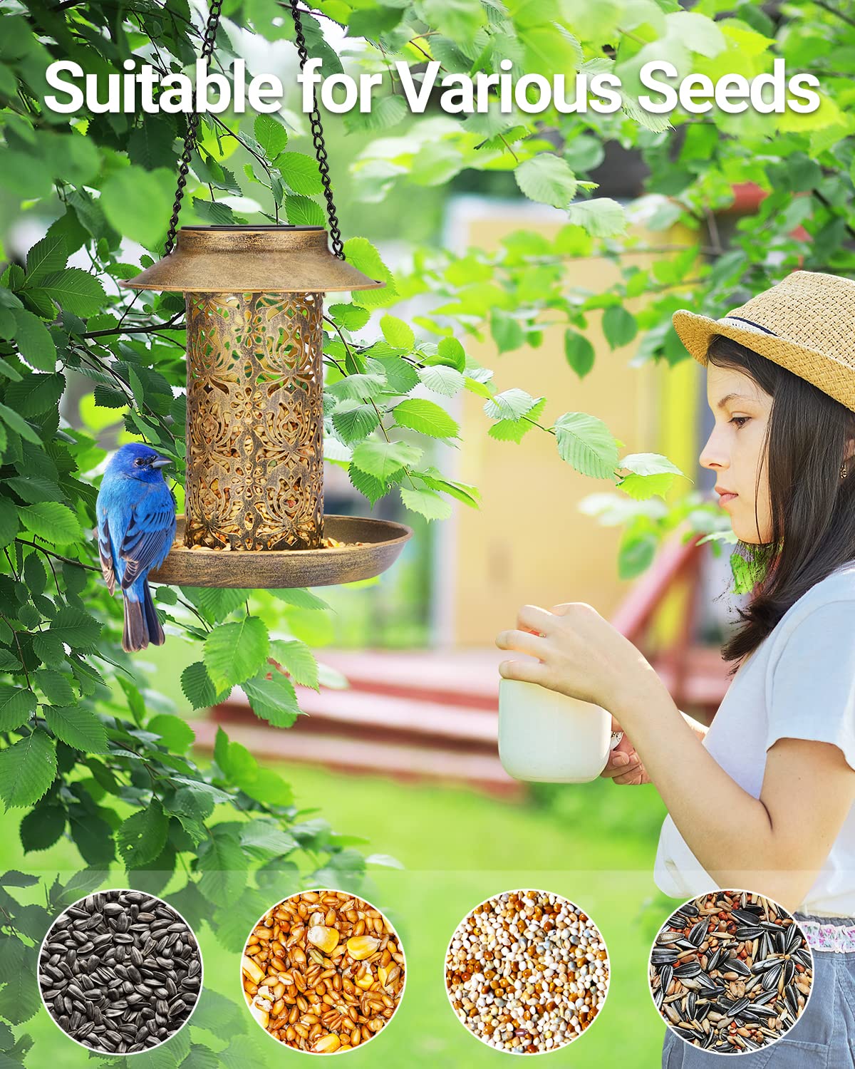 SWEETFULL Solar Bird Feeder for Outdoors Hanging, Metal Wild Bird Feeder for Cardinals Solar Garden Lantern with S Hook as Gift for Bird Lovers (2LBs SWEETFULL