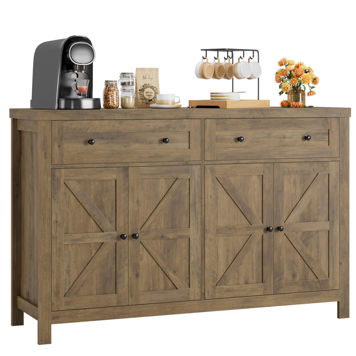 HOSTACK 55" Buffet Sideboard Cabinet with Storage, Modern Farmhouse Coffee Bar Cabinet with Drawers and Shelves, Barn Doors Storage Cabinet for HOSTACK