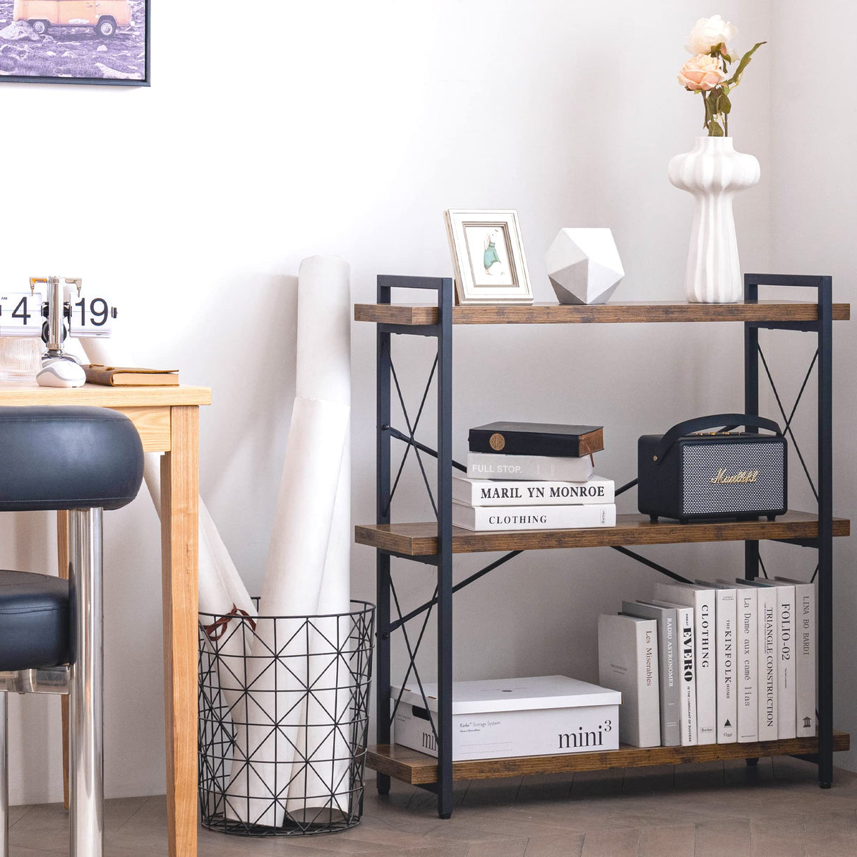HCHQHS Rustic 3-Tier Industrial Bookcase with Metal and Wood Design HCHQHS