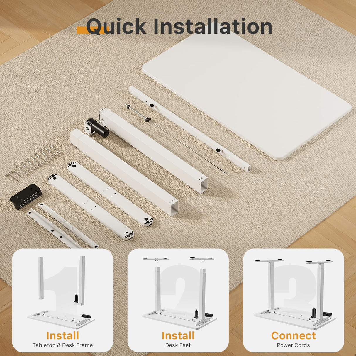 JOY worker Small Electric Standing Desk, 35" x 20" Whole Piece Height Adjustable Desk with Memory Controller, White Sit to Stand Desk Workstation for JOY worker