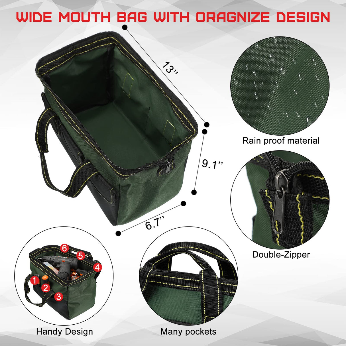 4 Pieces Tool Bag with Waterproof Strong Molded Base Multi Pockets Wide Mouth Tool Tote Multifunctional Tool Bag Large Capacity Organizer Heavy Duty Cunno