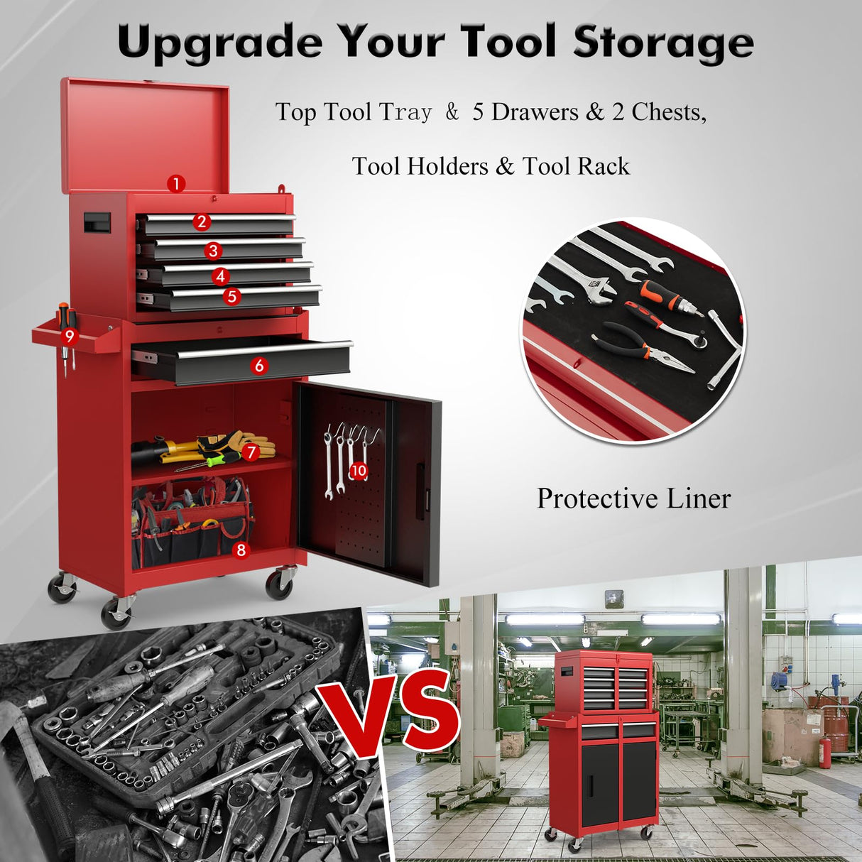 Goplus Rolling Tool Chest, 5-Drawer Tool Box Organizer w/Lockable Wheels & Sliding Drawers & Detachable Top & Adjustable Shelf, Tool Storage Cabinet Goplus