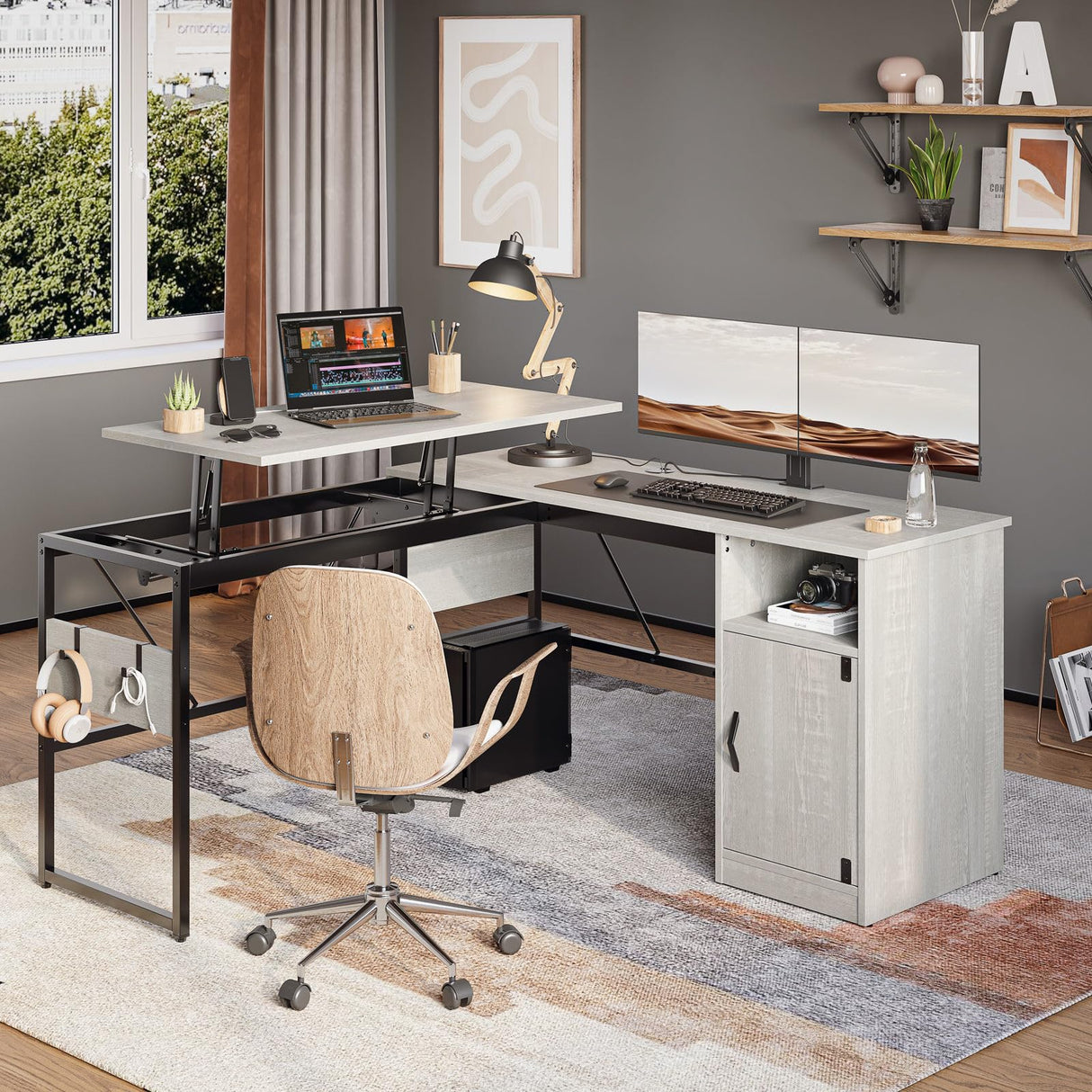 Bestier L Shaped Standing Desk Adjustable Height, 60" Corner Computer Desk with Storage File Cabinet, 95.2" Long and Large Reversible Office Desk Bestier