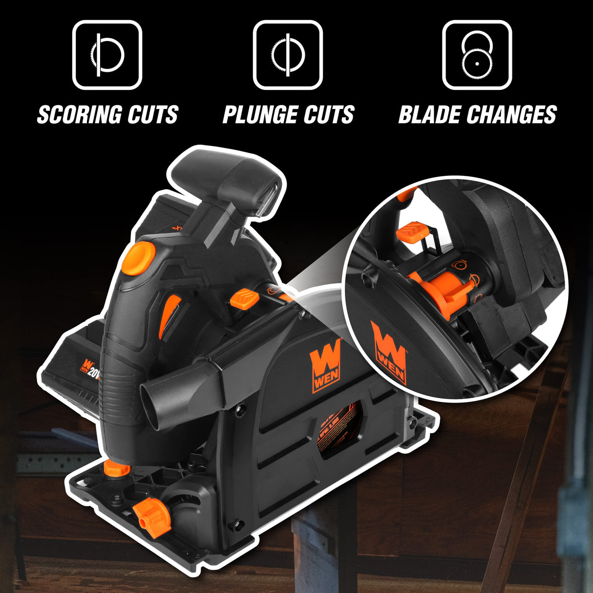 WEN Cordless 6.5-Inch Track Saw, Brushless with Variable Speed (Tool Only, 20V Max Battery Not Included) (20691BT) WEN