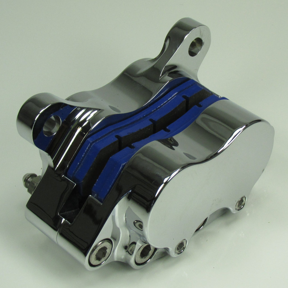 Chrome Ultima 4-piston Billet Aluminum Motorcycle Brake Caliper WITH PADS - Mounting Kits Also Available - Harley Chopper Bobber Cafe Racer Billet Proof Designs